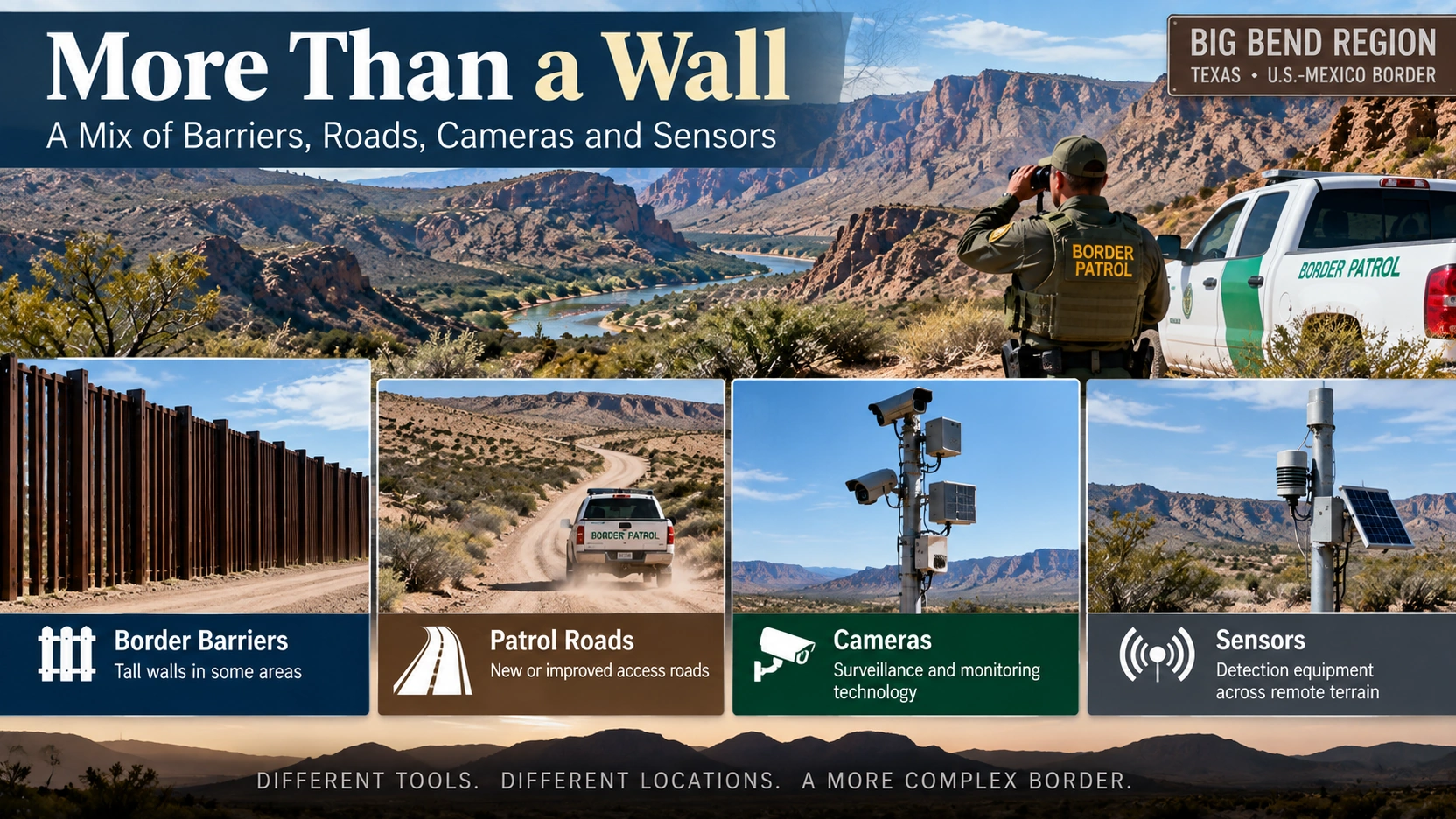 Infographic showing vehicle barriers, roads, cameras and sensors planned for Big Bend border security projects