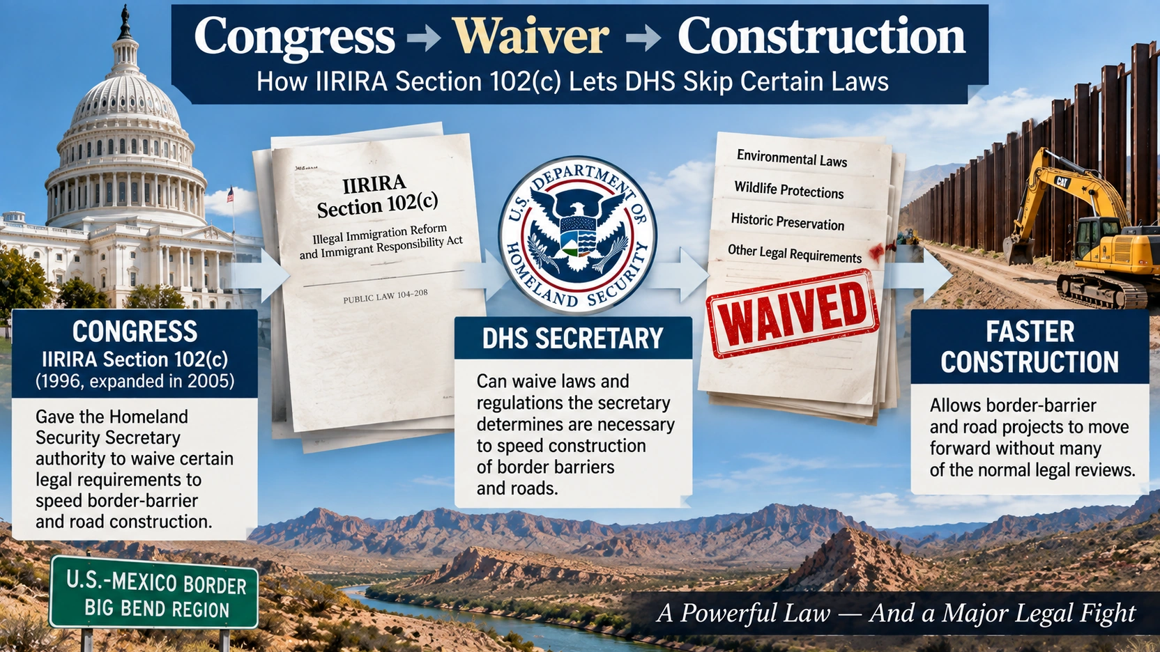 Flowchart explaining how IIRIRA Section 102(c) lets DHS waive legal requirements for border barrier construction