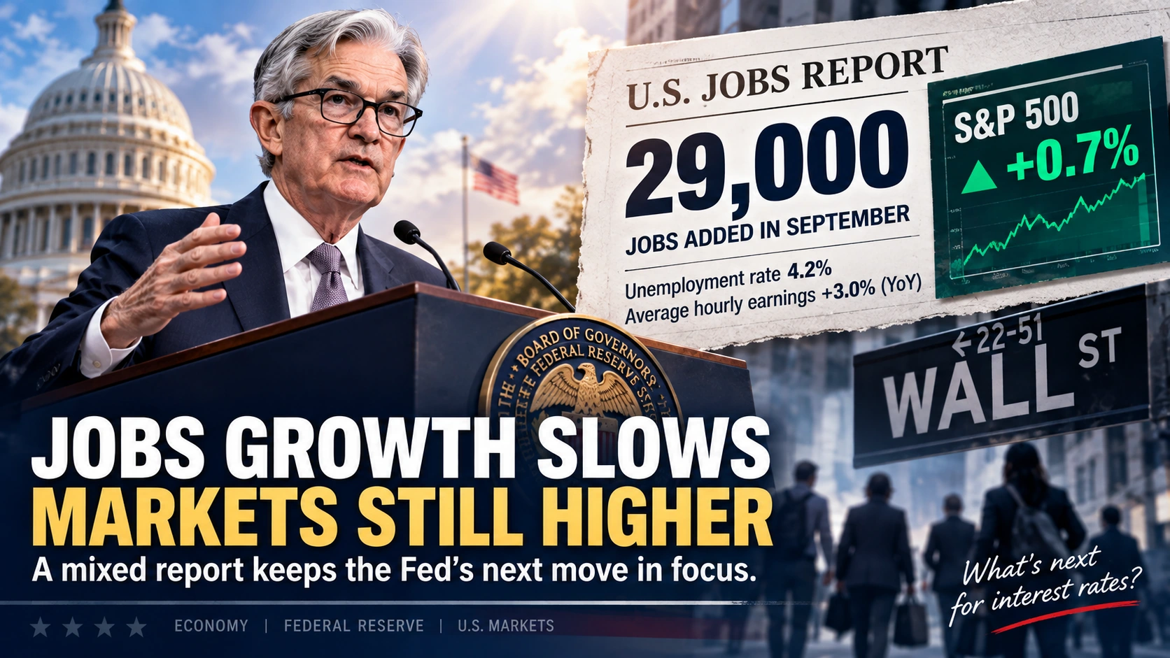 Editorial illustration showing a weak U.S. jobs report beside rising stock prices and Federal Reserve rate expectations
