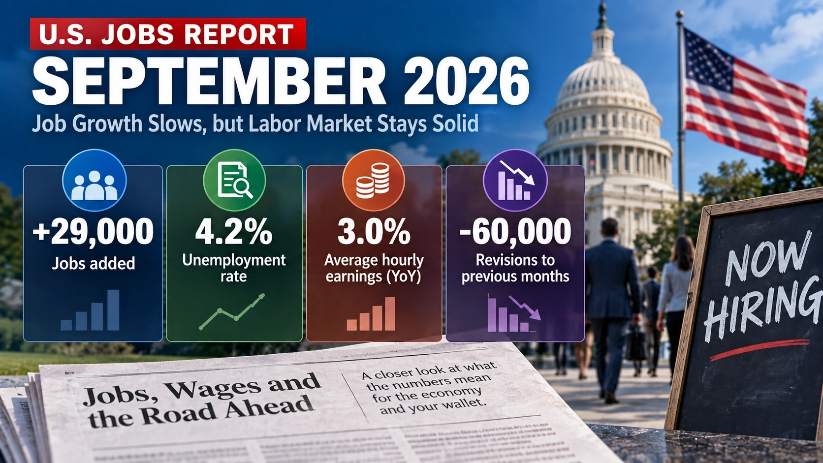 Infographic summarizing September 2026 U.S. job growth, unemployment, wage growth, and downward payroll revisions