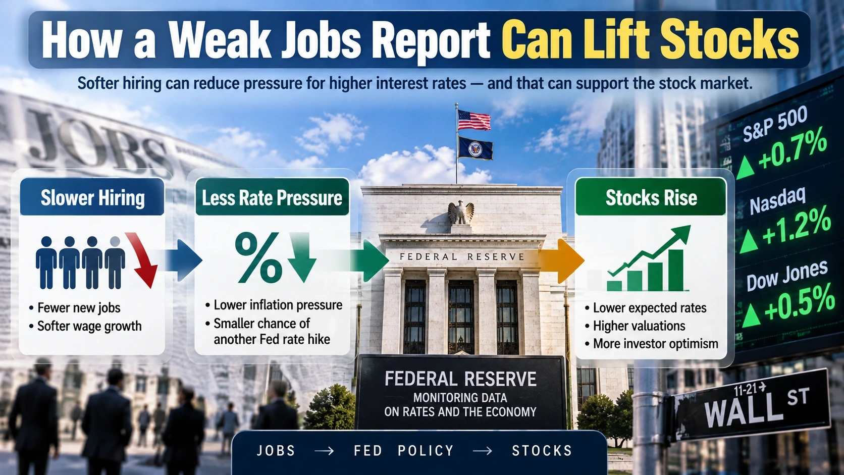 Flowchart showing how slower hiring can reduce Federal Reserve rate-hike expectations and support stock prices