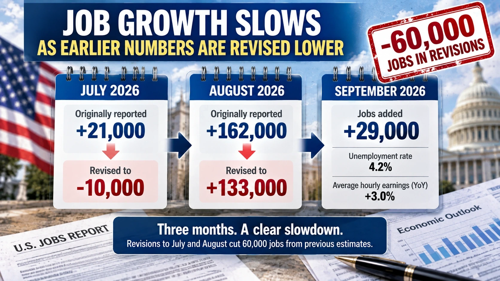 Timeline showing downward revisions to July and August 2026 payroll growth followed by September's 29,000-job increase