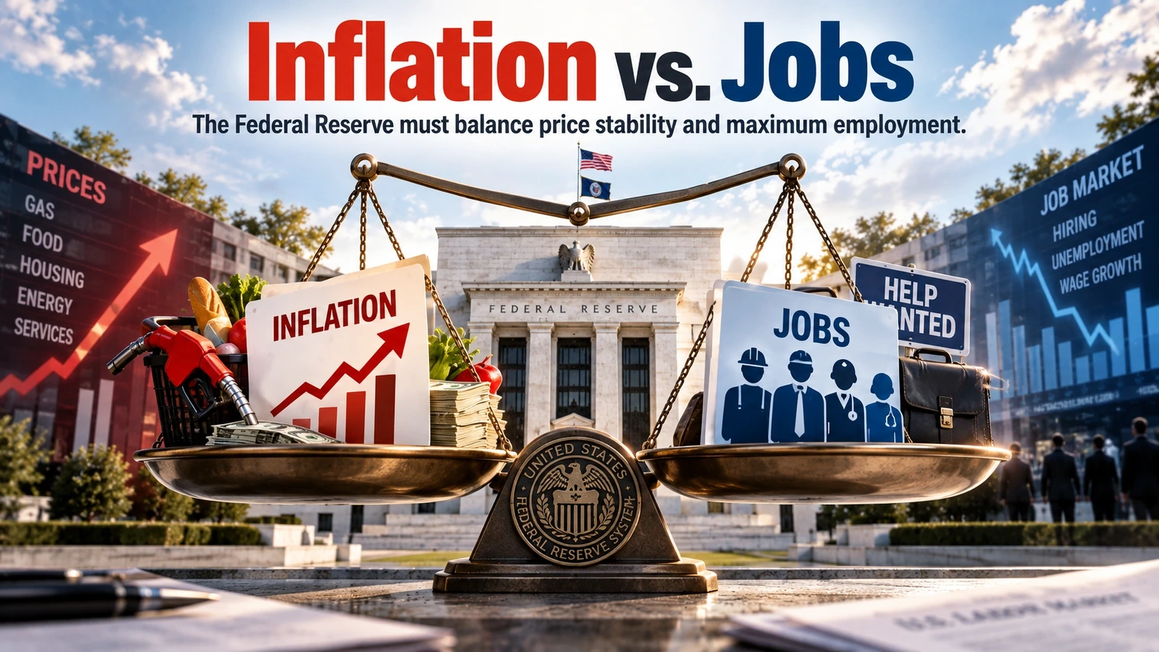 Editorial infographic showing the Federal Reserve balancing elevated inflation against slowing U.S. job growth