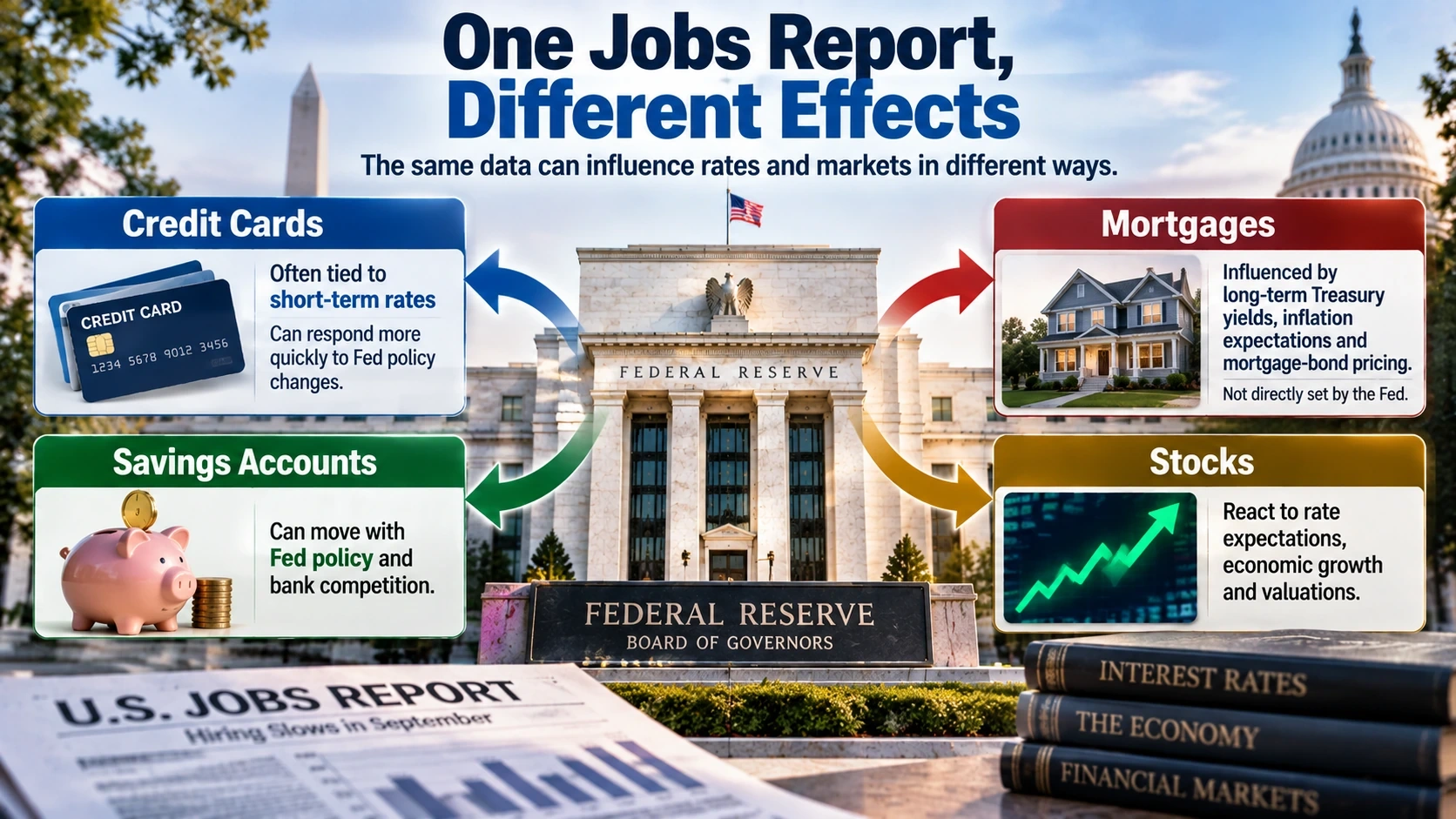 Diagram comparing how Federal Reserve expectations can affect credit cards, mortgages, savings accounts, and stock prices