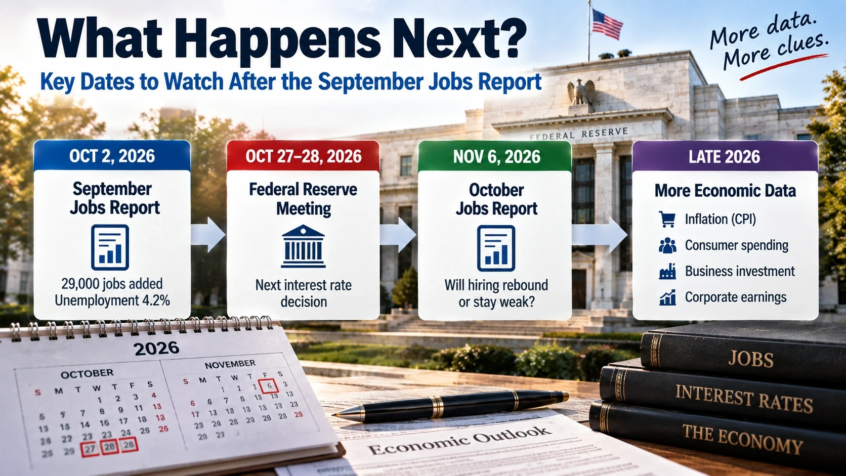 Timeline showing the next Federal Reserve meeting and the next U.S. employment report after the September 2026 jobs data