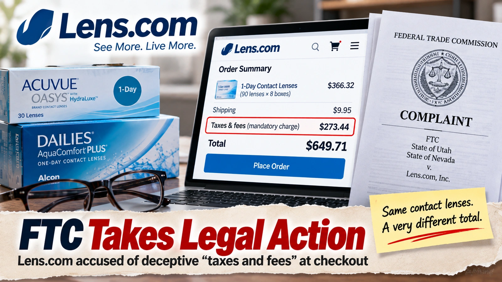 Editorial illustration showing a low Lens.com contact lens price rising sharply at checkout beside an FTC lawsuit document