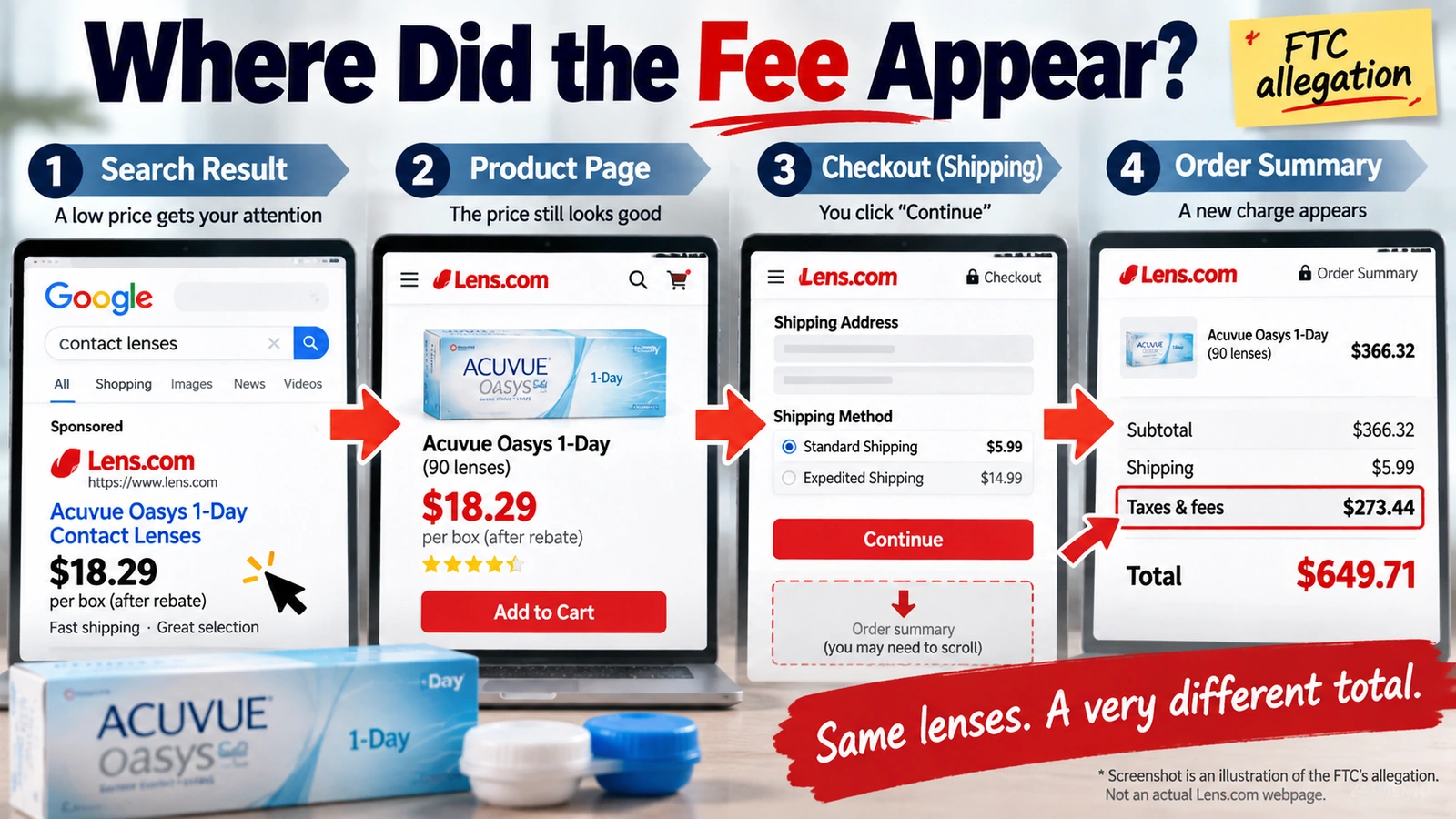 Flowchart showing the checkout path from a low Lens.com search price to a later mandatory Taxes and fees charge