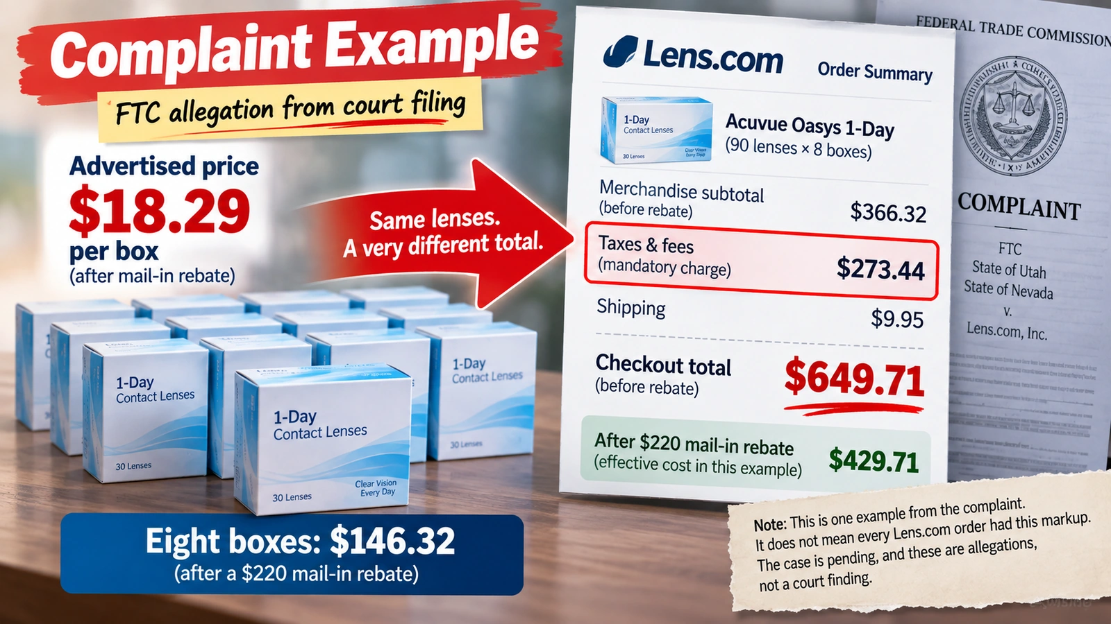 Infographic showing the FTC complaint example of an $18.29 per box advertised contact lens price and a much higher checkout total