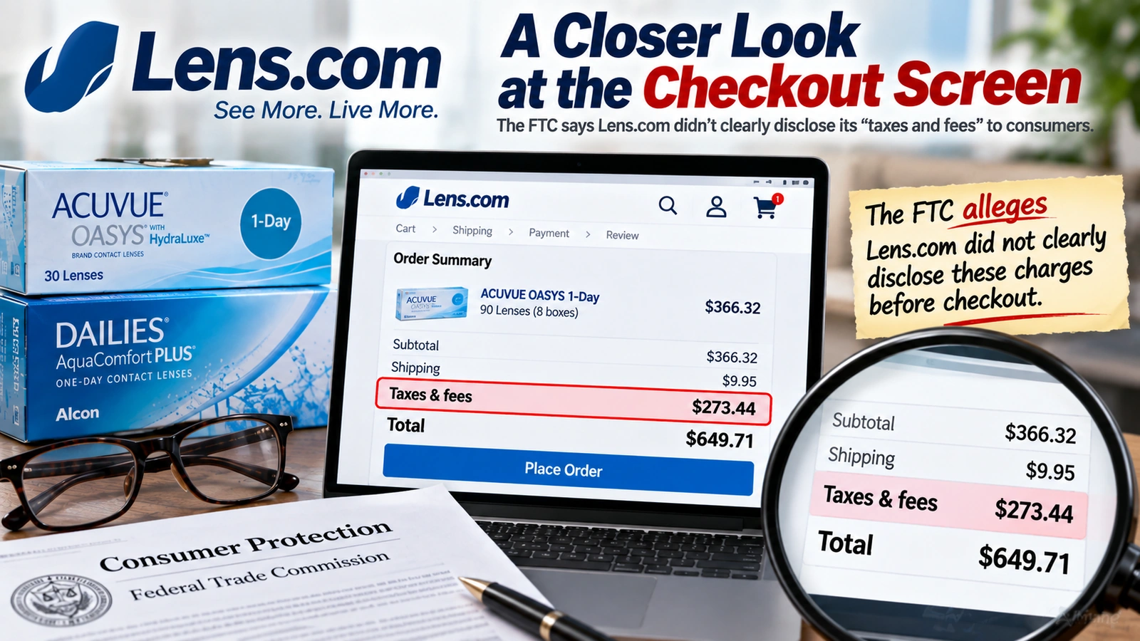 Editorial infographic highlighting the FTC allegation that Lens.com did not clearly disclose a $273.44 Taxes & fees charge before checkout