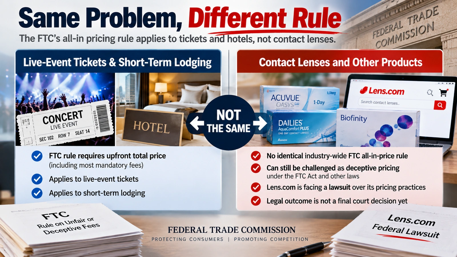 Infographic comparing the FTC all-in pricing rule for tickets and lodging with case-by-case deceptive pricing enforcement in other industries