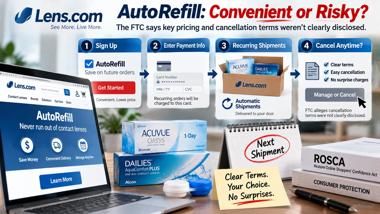 Flowchart explaining how Lens.com AutoRefill recurring orders connect to disclosure and cancellation requirements under ROSCA