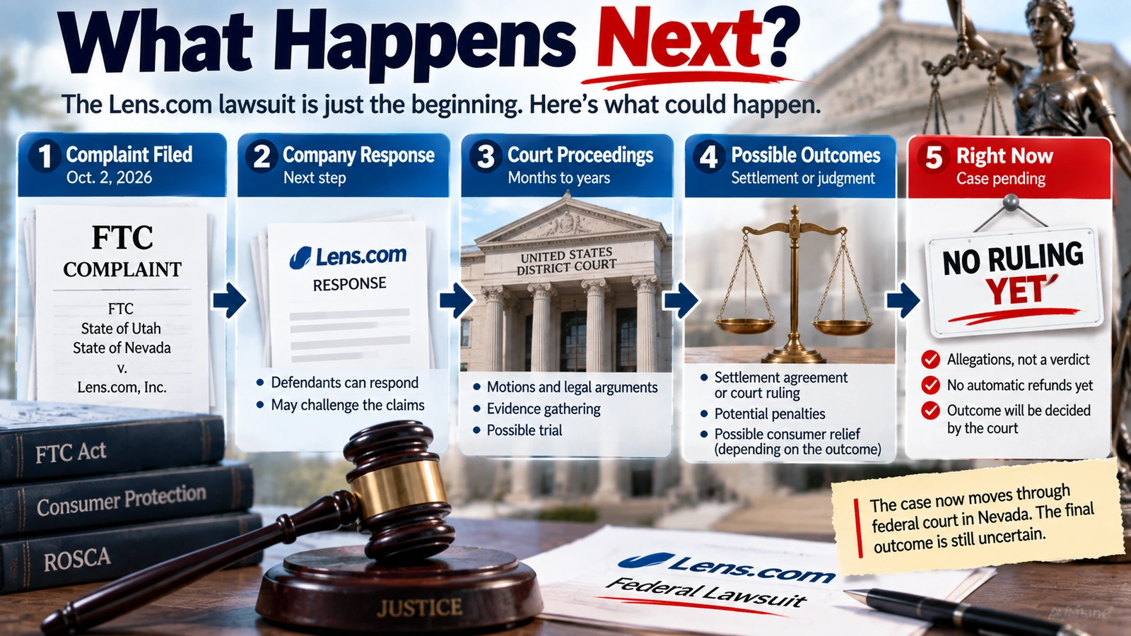 Legal timeline showing the Lens.com FTC complaint as the beginning of a pending federal court case with no ruling or refund program yet