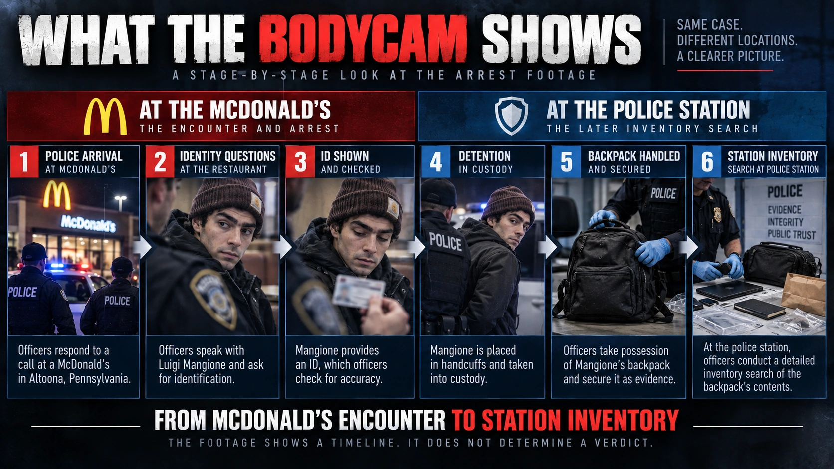 Flow diagram showing the major stages captured in Luigi Mangione’s arrest bodycam footage