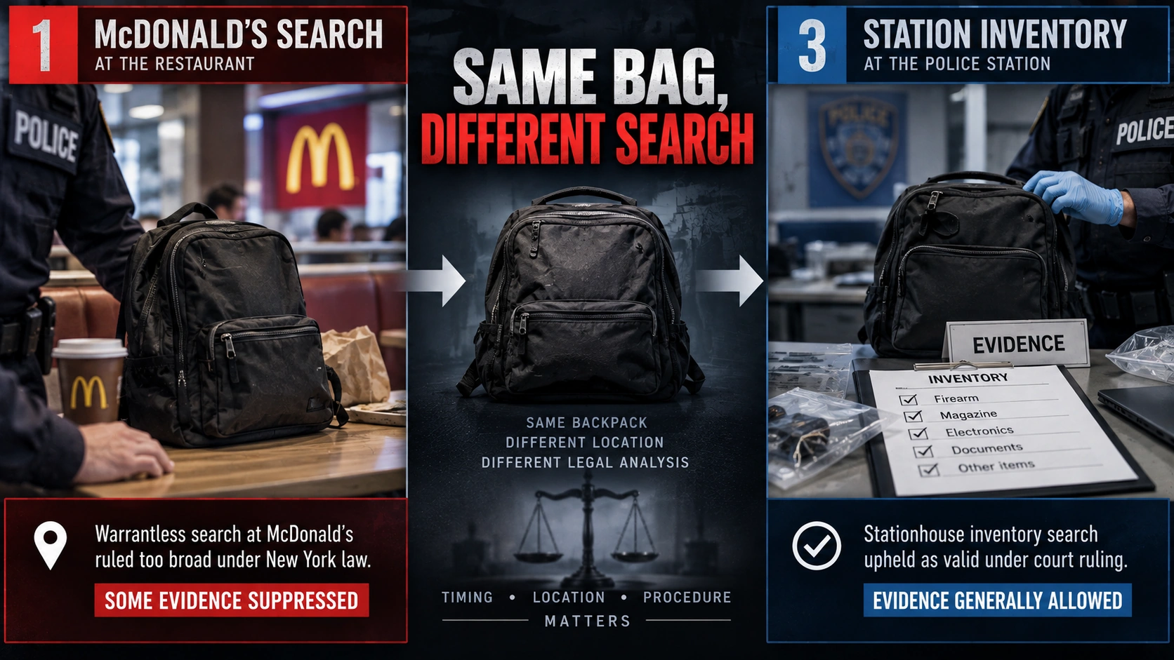 Diagram comparing the McDonald’s backpack search with the later police station inventory search in Luigi Mangione’s case