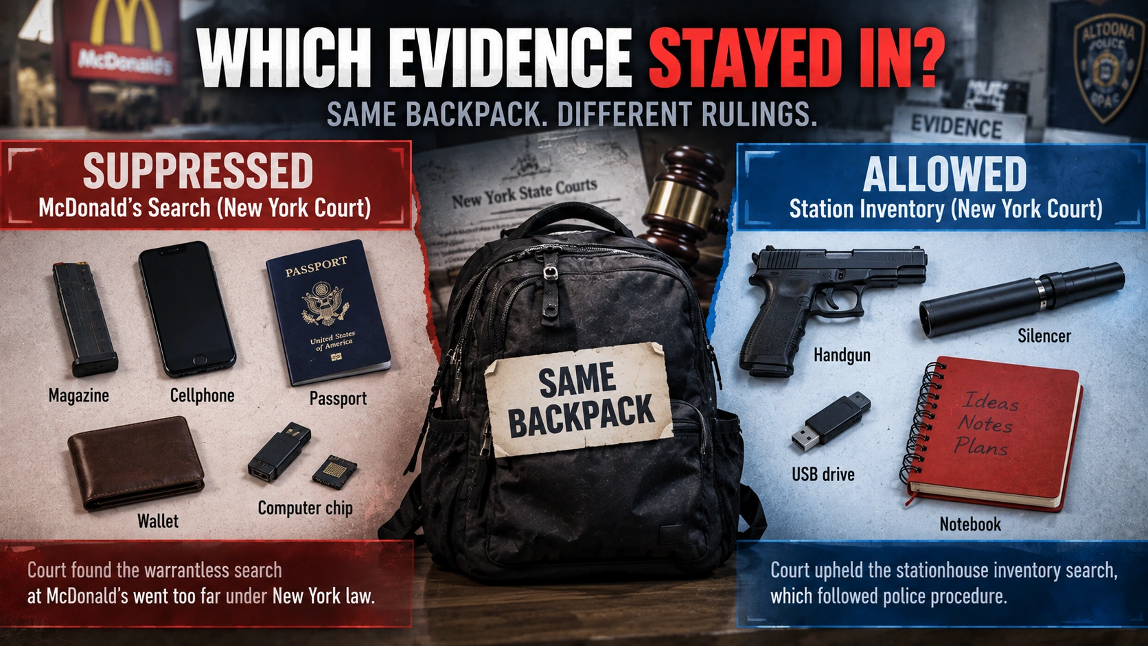 Comparison showing evidence suppressed from the McDonald’s search and evidence found during the valid station inventory