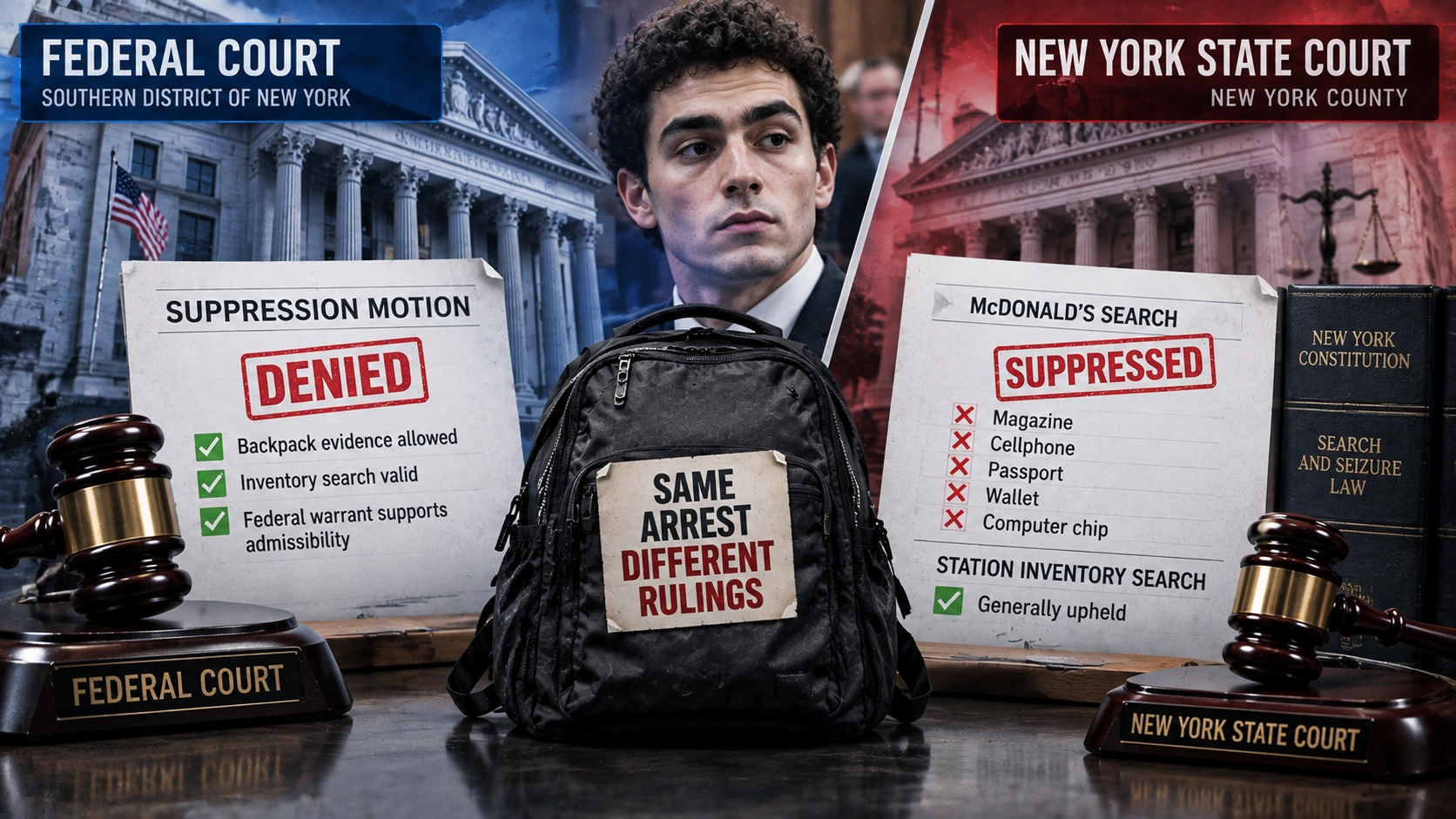 Side-by-side comparison of the federal and New York state rulings on Luigi Mangione’s backpack evidence