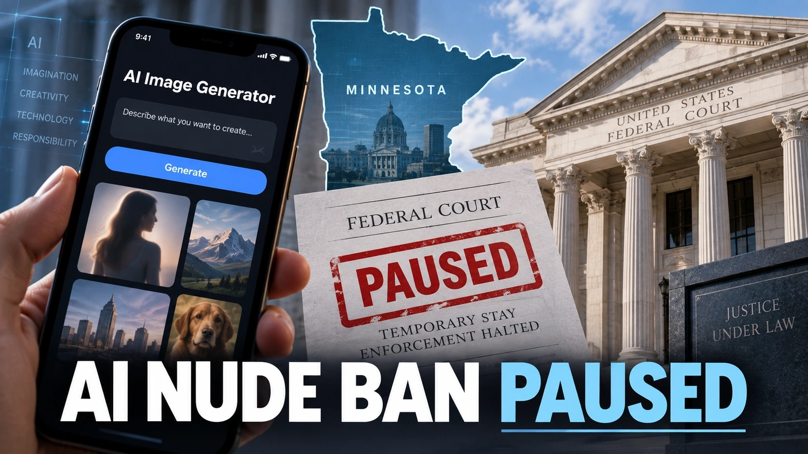 Editorial illustration showing an AI image generator, Minnesota, and a federal court order pausing the state nudification law