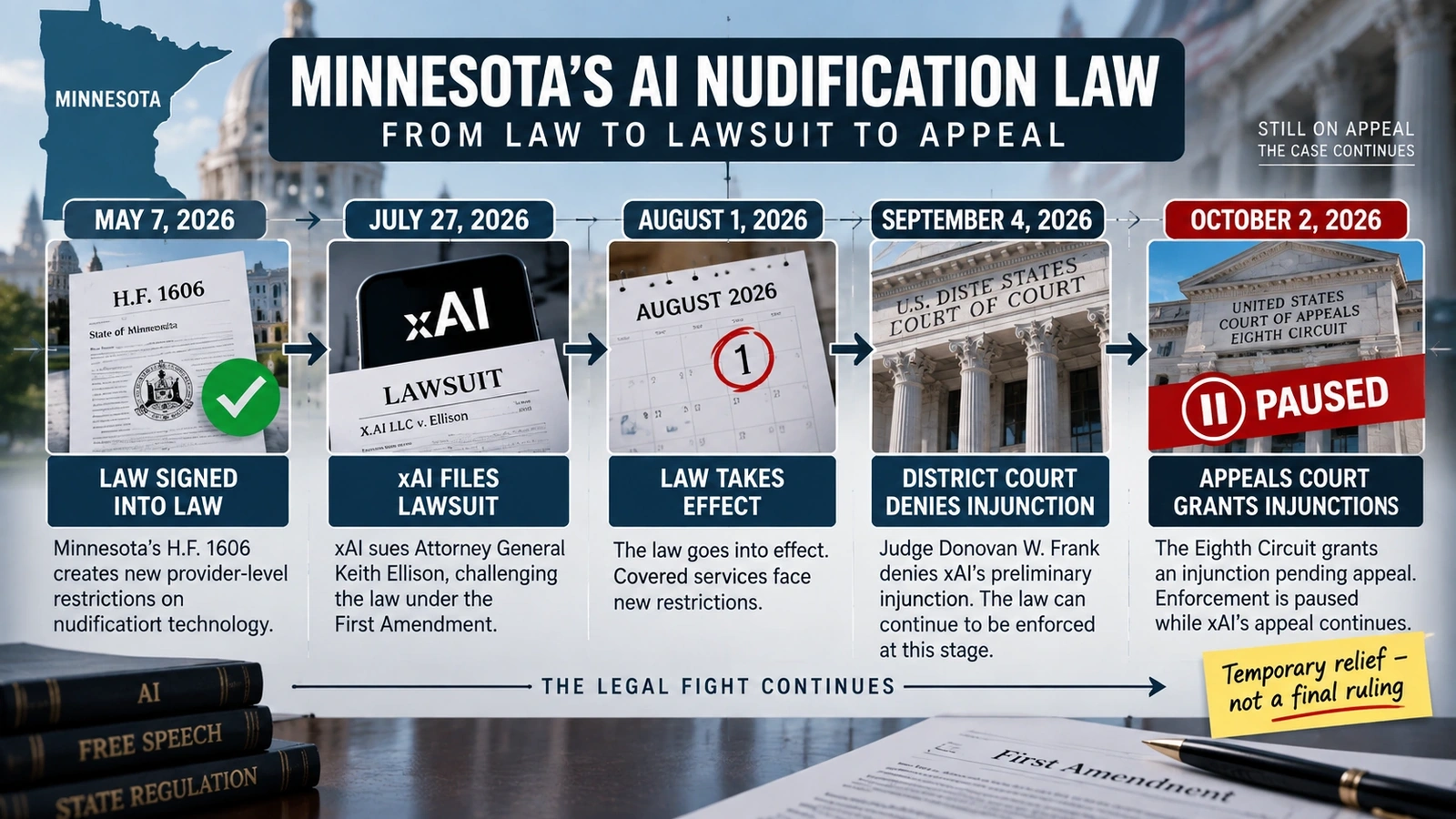 Timeline of Minnesota’s AI nudification law and xAI’s court challenge from May through October 2026
