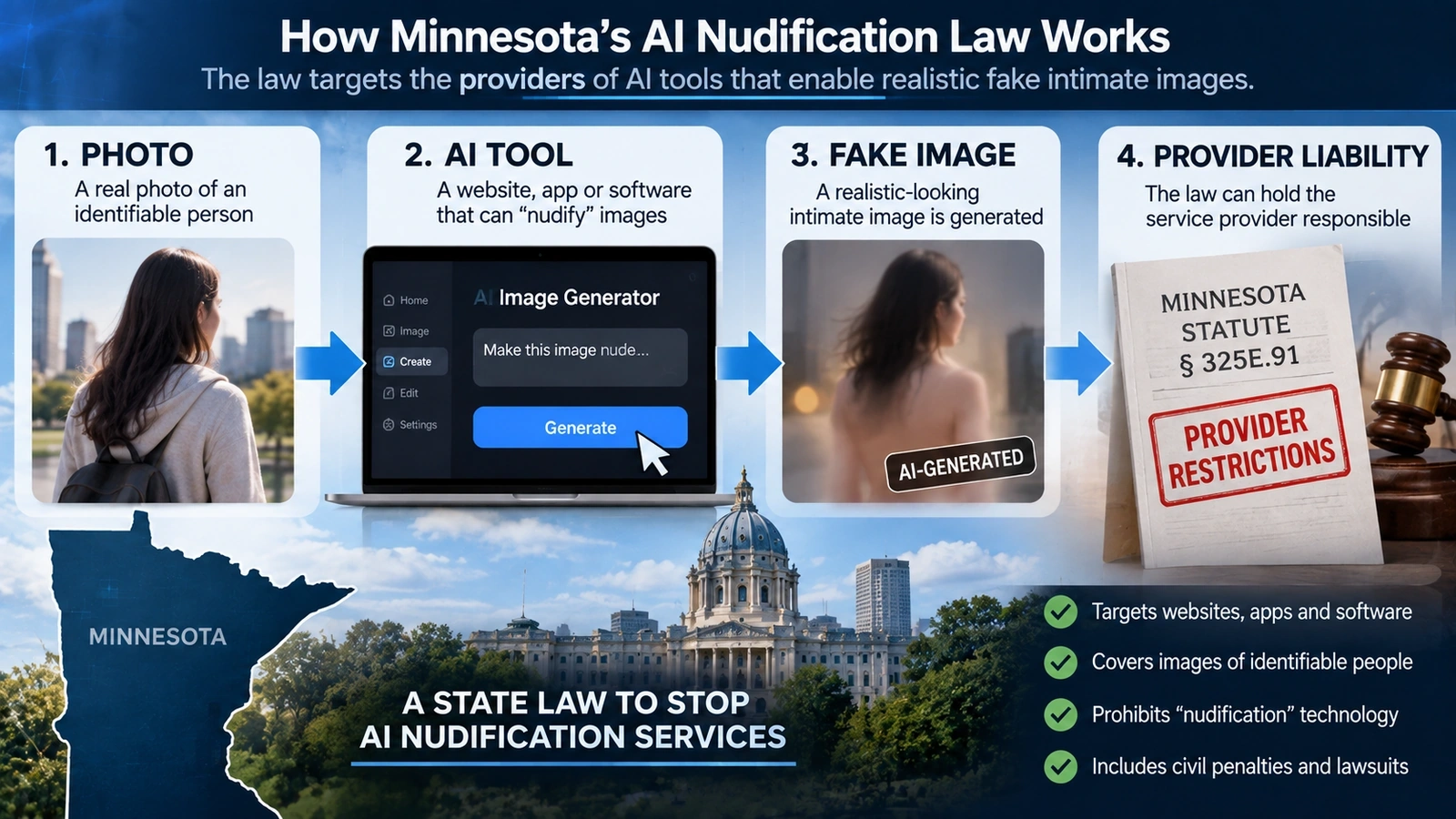 Diagram explaining how Minnesota’s nudification law regulates AI and software providers that enable realistic fake intimate images