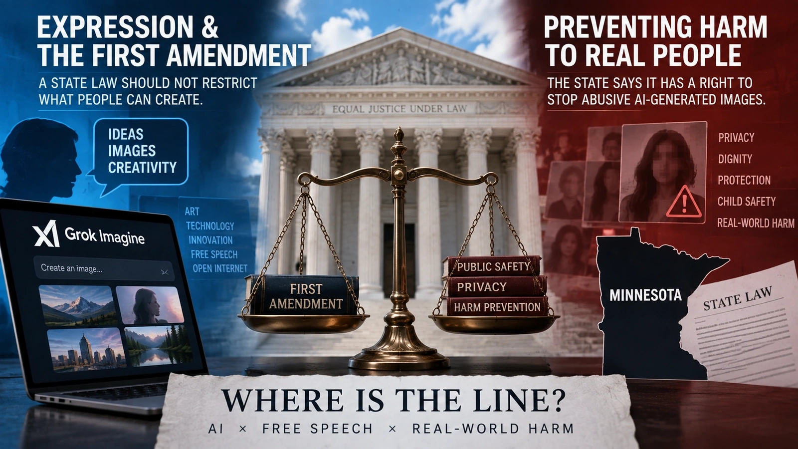 Editorial diagram showing the First Amendment dispute between AI-generated expression and Minnesota’s effort to prevent harmful fake intimate images