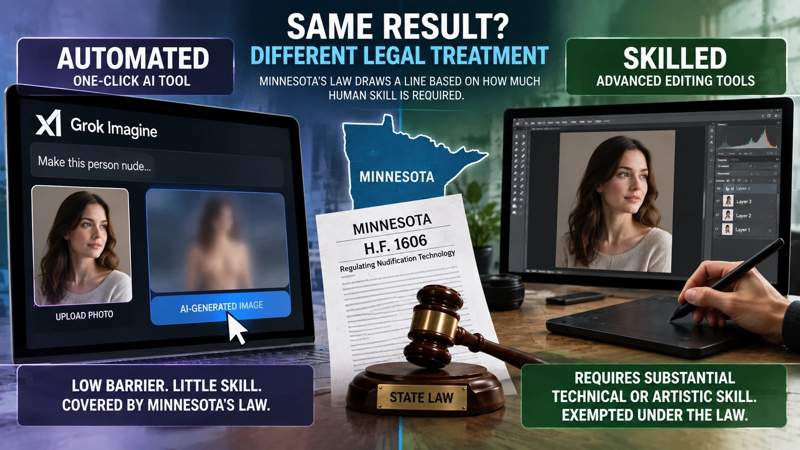 Comparison between an automated one-click AI image tool and an image-editing process requiring substantial human technical skill