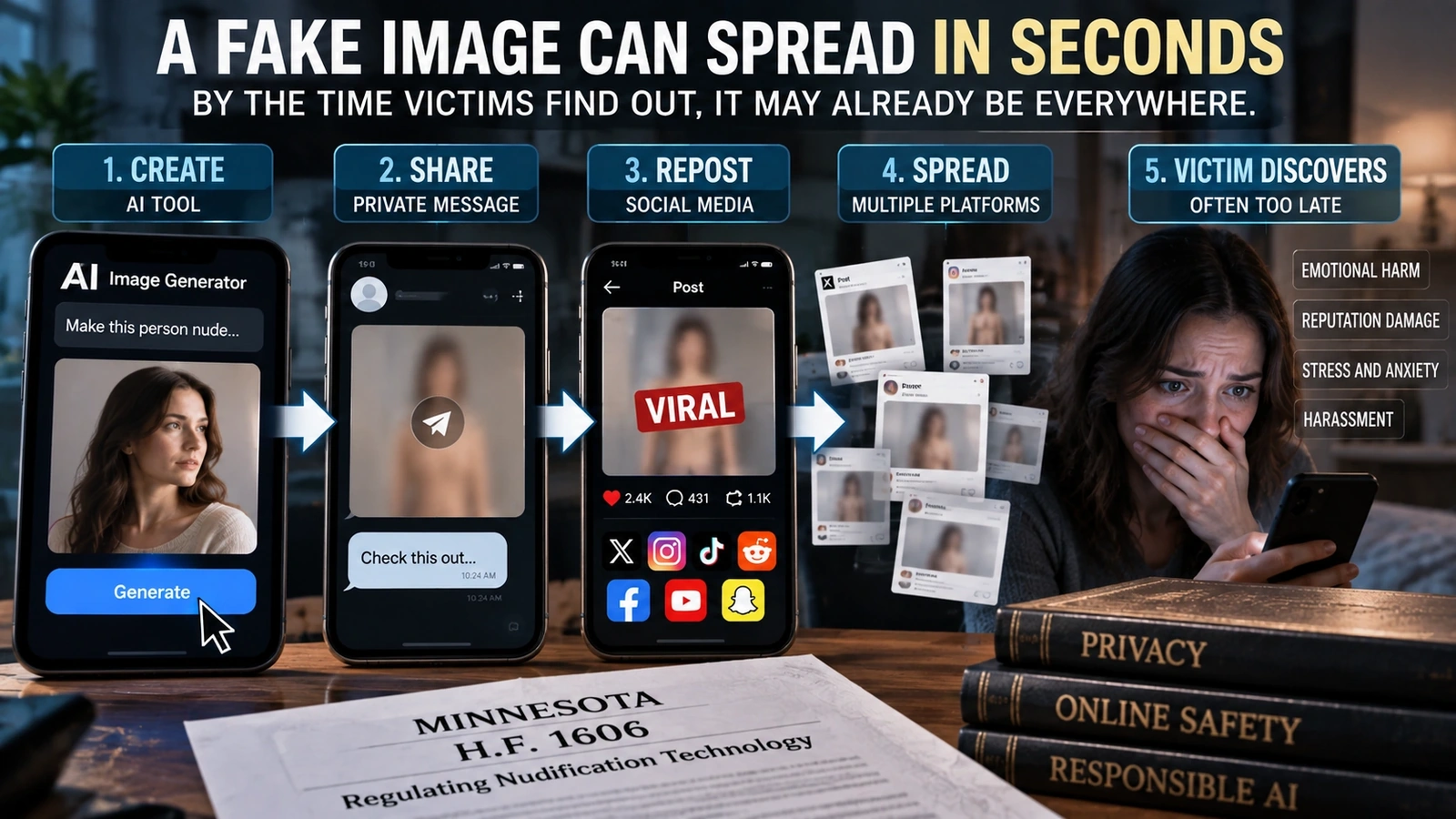 Flow diagram showing how a fake intimate image can spread online before a victim can identify the creator and seek removal