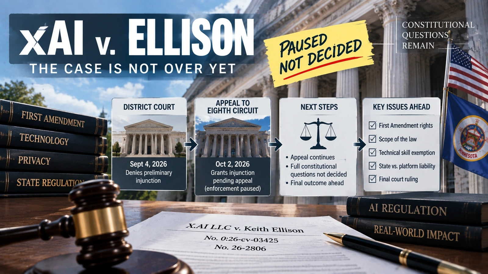 Legal flowchart showing xAI’s Minnesota nudification case moving from the district court to the Eighth Circuit and eventually back to the merits