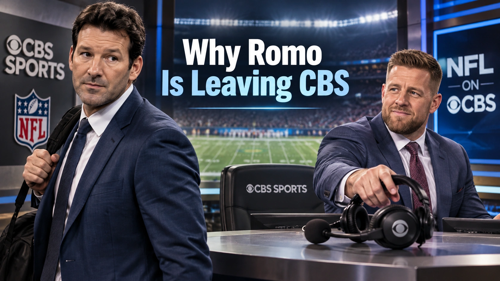 Editorial illustration of Tony Romo stepping away from an NFL broadcast desk as J.J. Watt moves into the lead booth