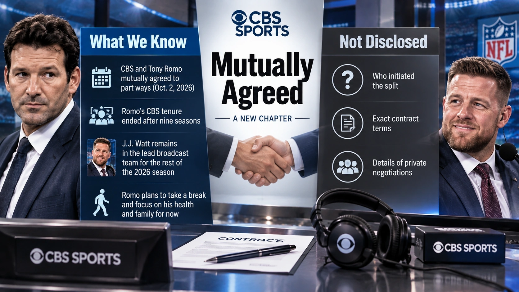 Explainer graphic separating what CBS confirmed about Tony Romo’s exit from what remains undisclosed