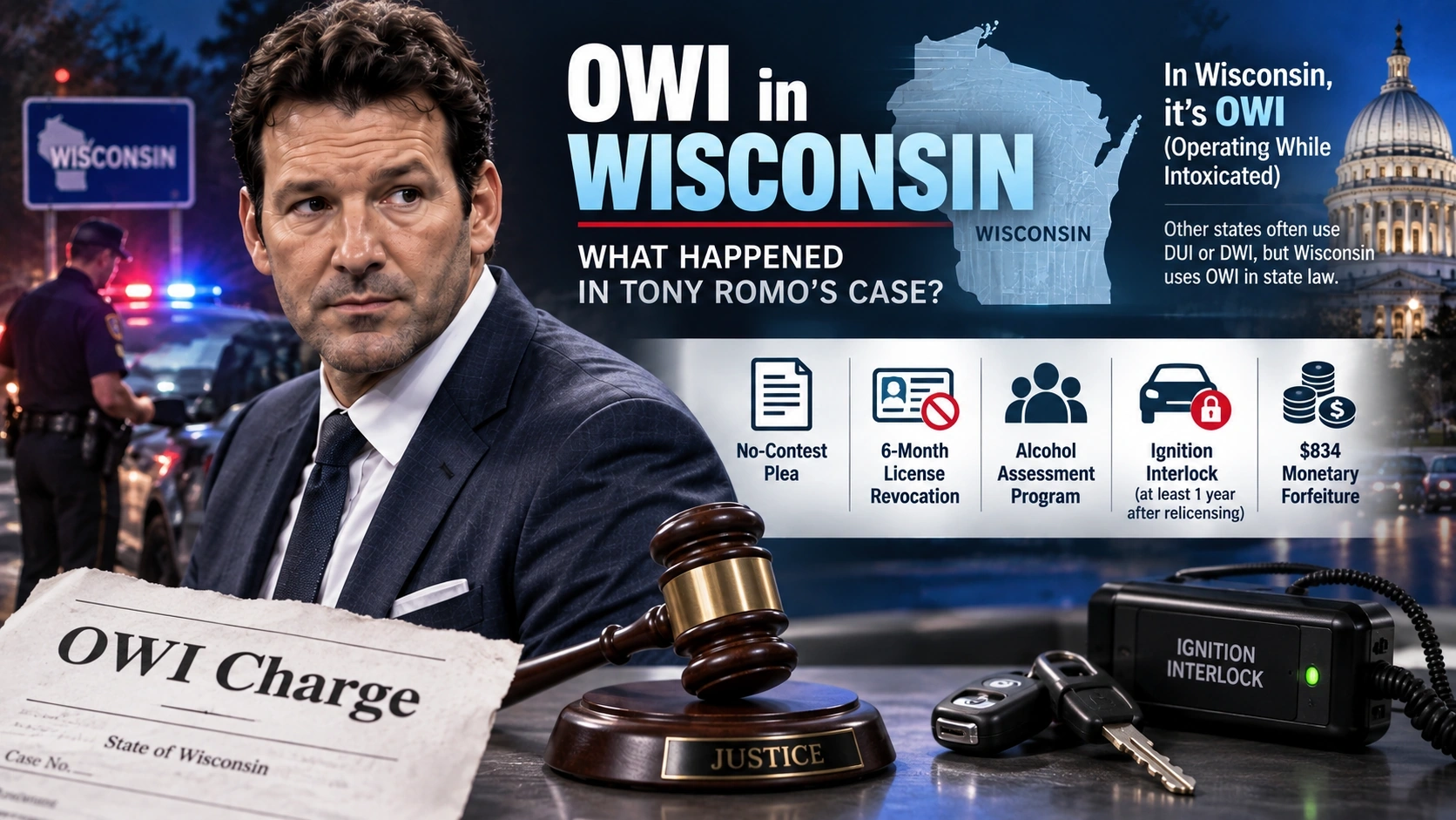 Diagram explaining Wisconsin’s OWI terminology and the penalties reported in Tony Romo’s case