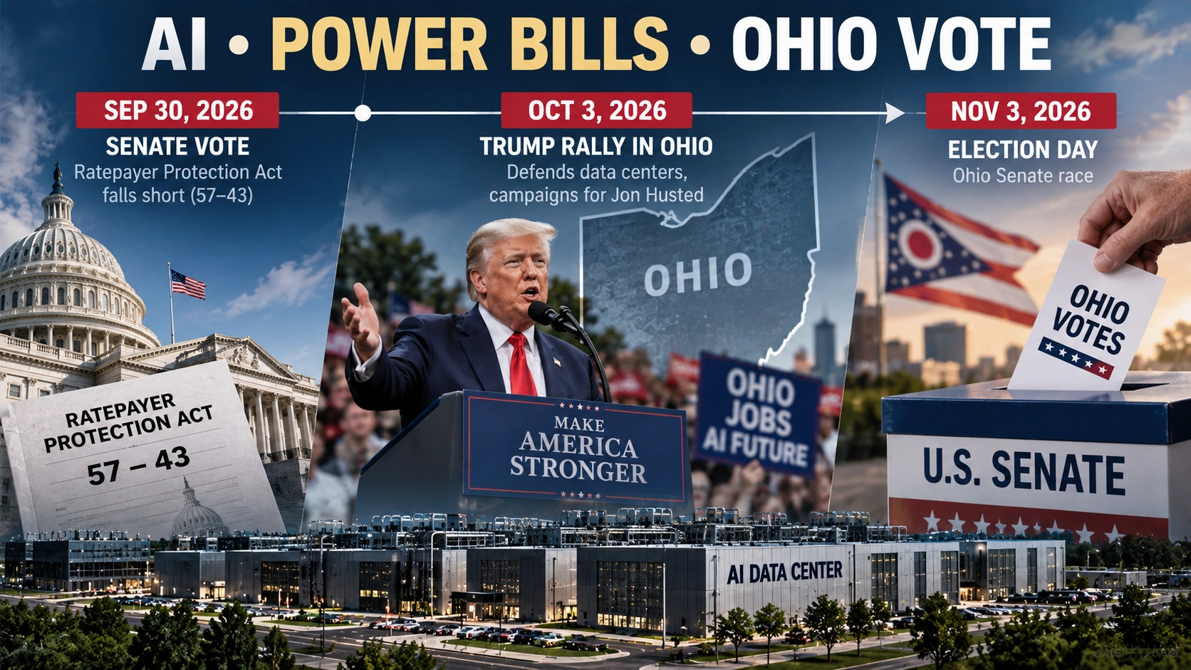Timeline connecting the Ohio campaign rally, the data center cost debate, and the November 2026 Senate election