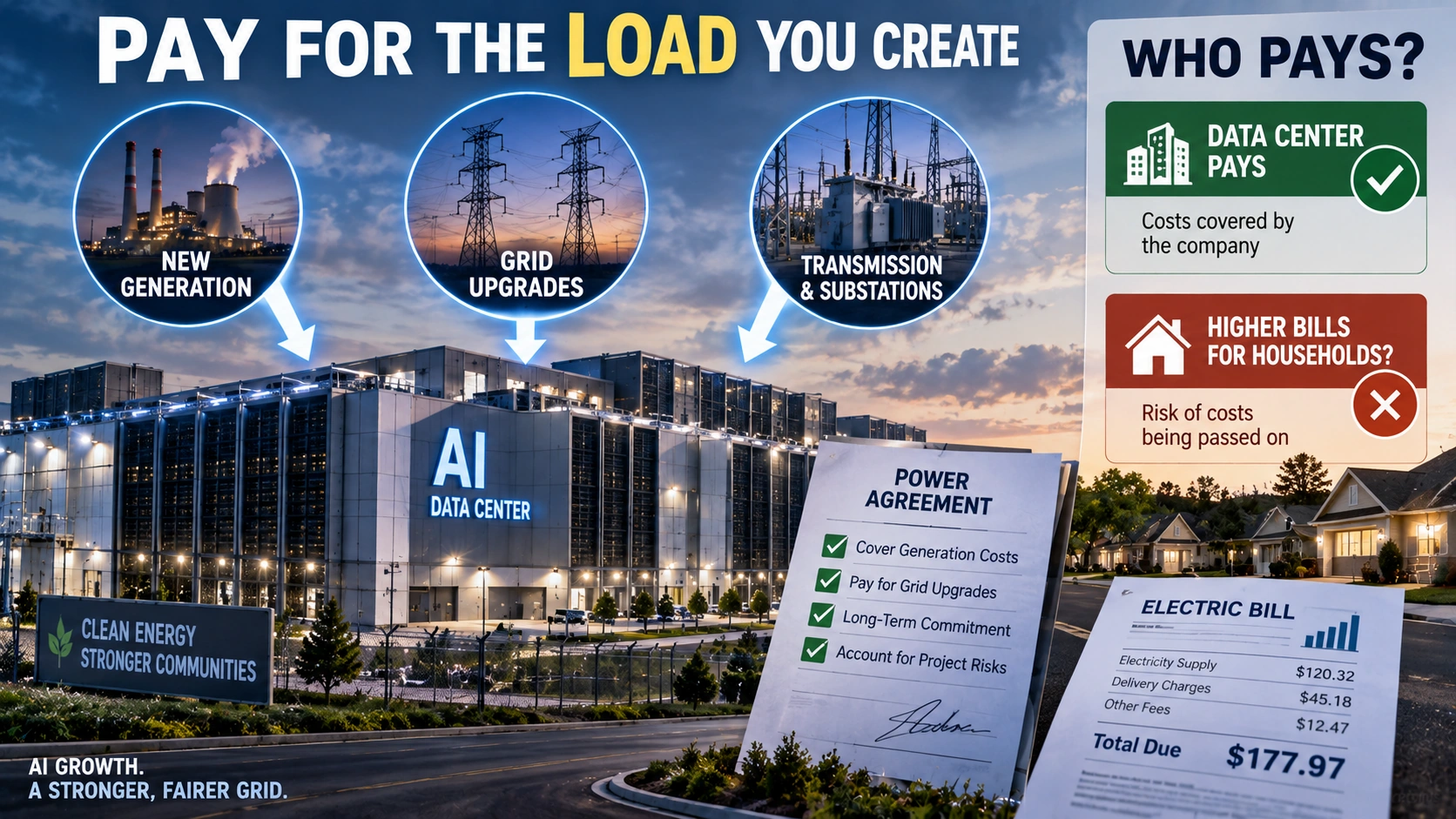 Infographic showing the major electricity and grid costs that policymakers want large data centers to cover