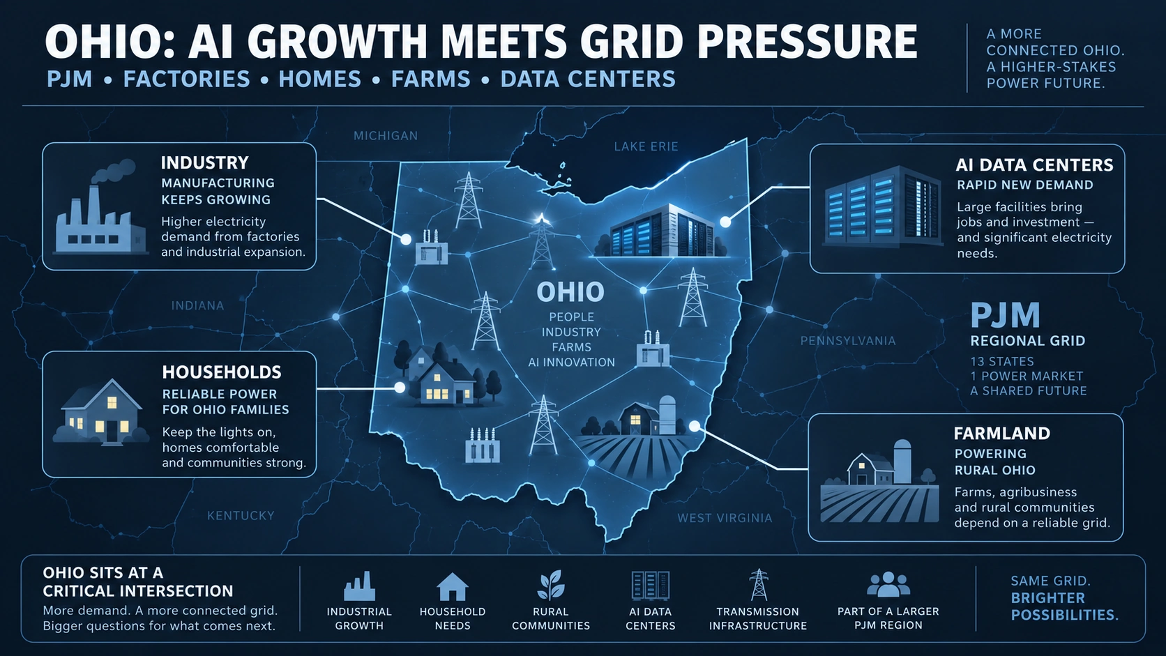 Map-based infographic showing Ohio inside the PJM power region alongside factories, homes, farms, and data centers