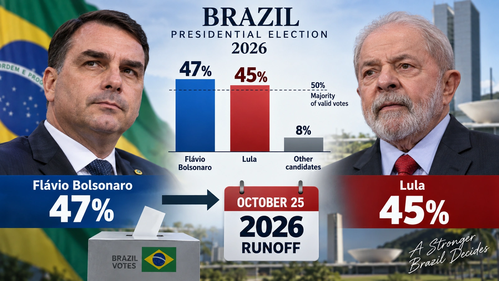 Infographic showing Flávio Bolsonaro and Lula’s first-round vote shares and the October 25 runoff