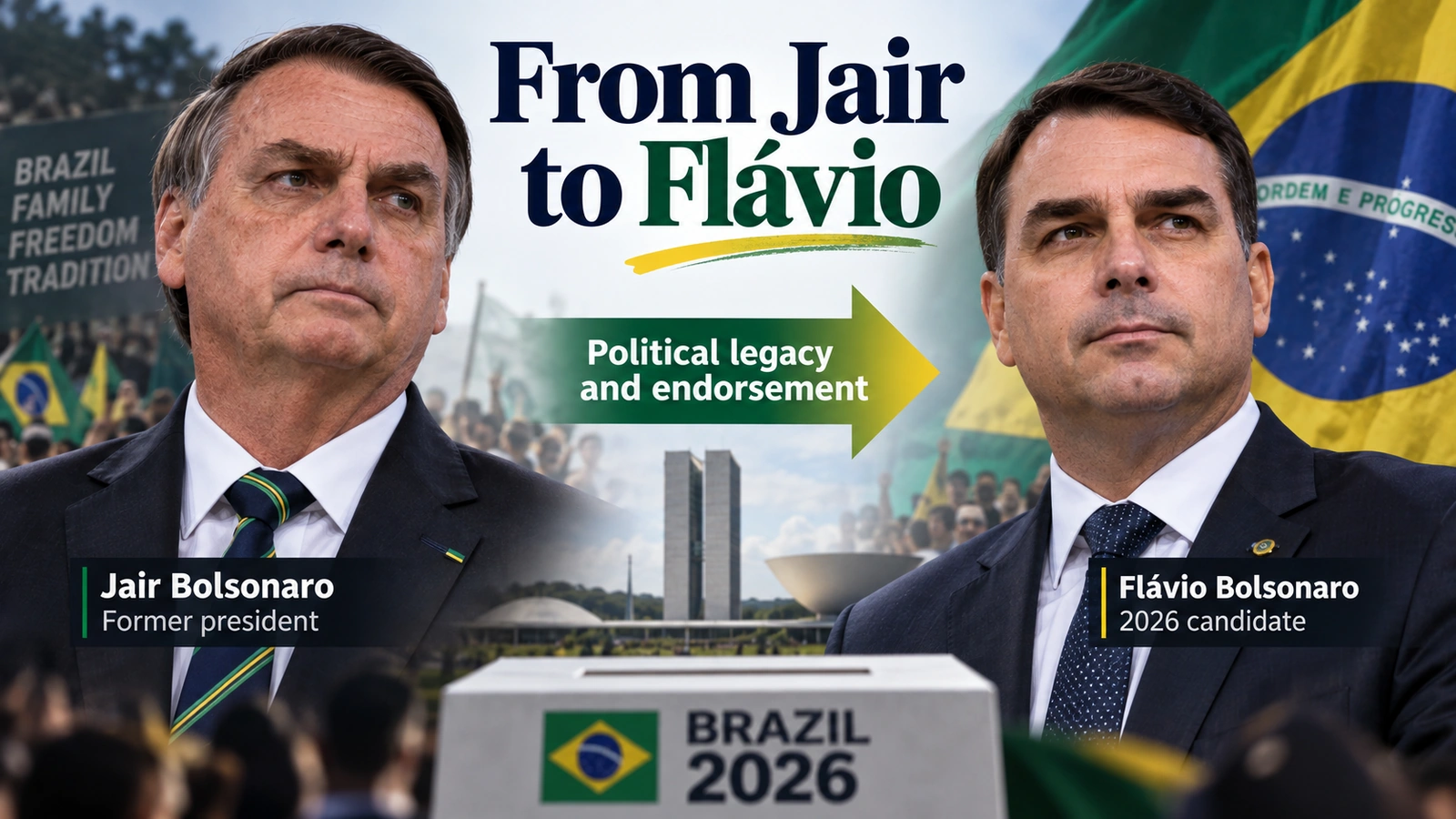 Political relationship diagram showing Jair Bolsonaro’s legacy flowing into Flávio Bolsonaro’s 2026 presidential campaign
