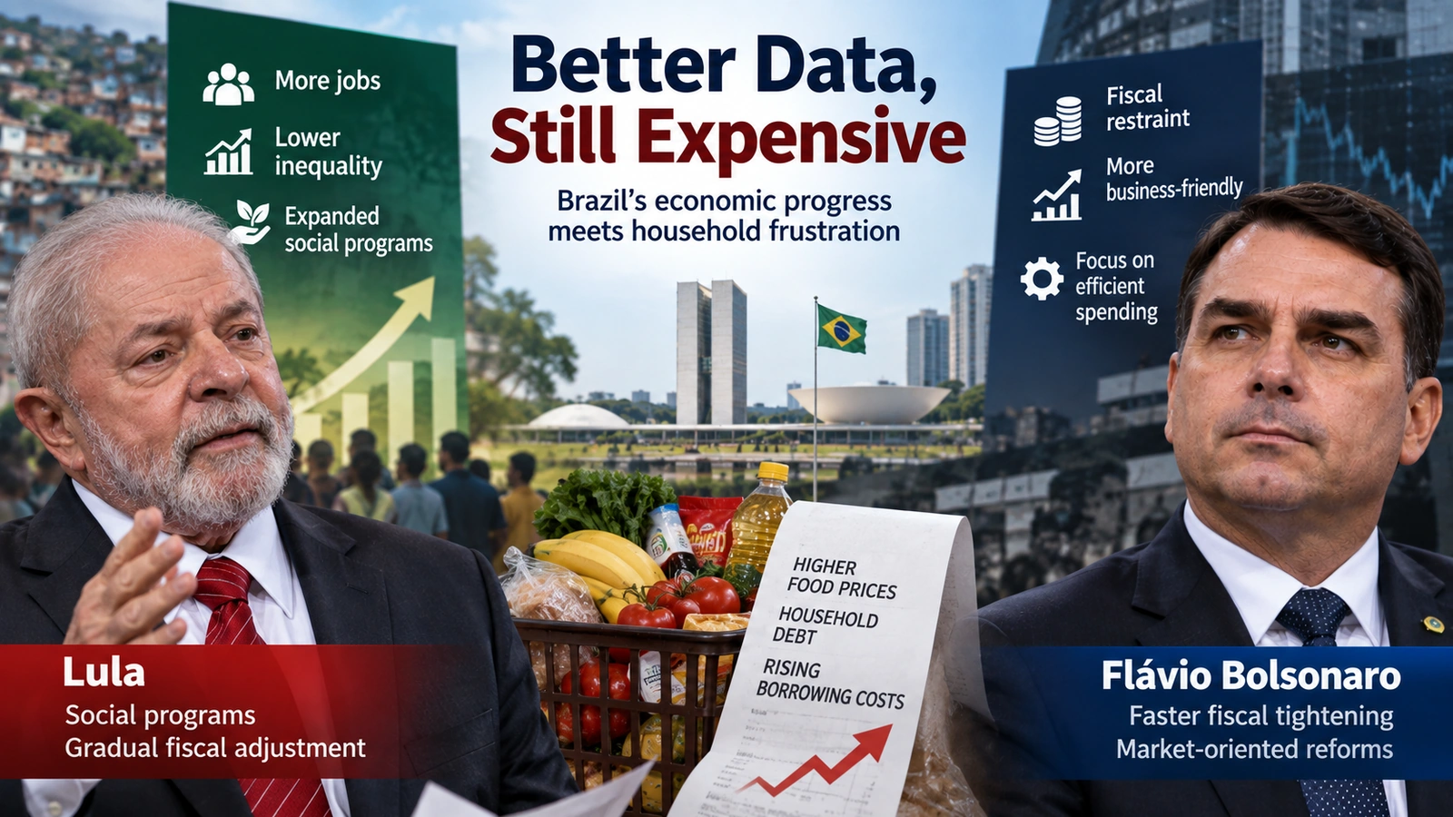 Infographic contrasting improving Brazilian economic indicators with household frustration over food prices, debt and borrowing costs