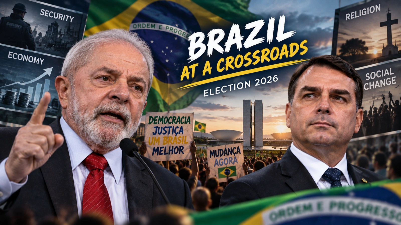 Comparison infographic showing Lula and Flávio Bolsonaro’s different approaches to public security and organized crime