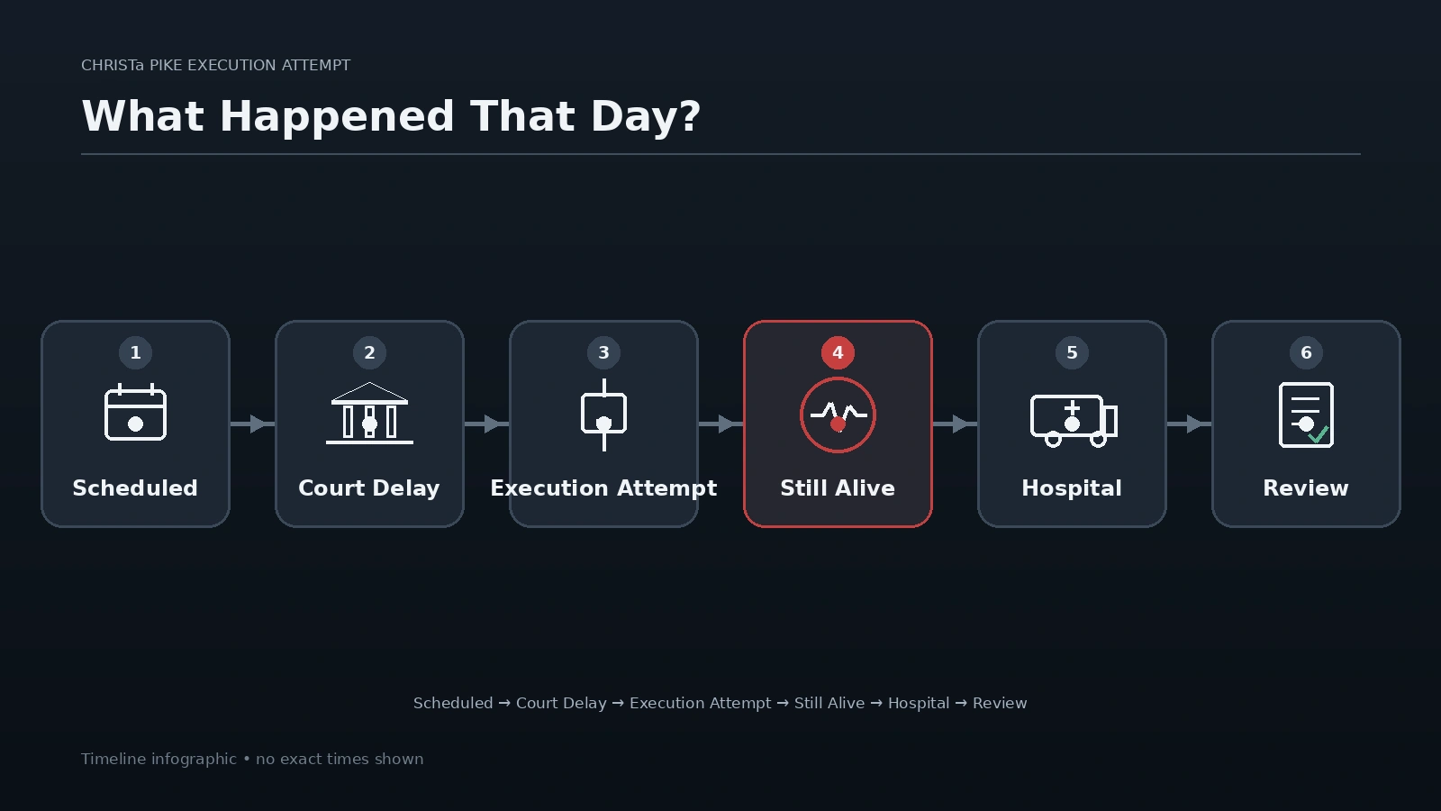 Timeline showing the court delay, lethal injection attempt, failed execution, hospitalization, and Tennessee review in the Christa Pike case