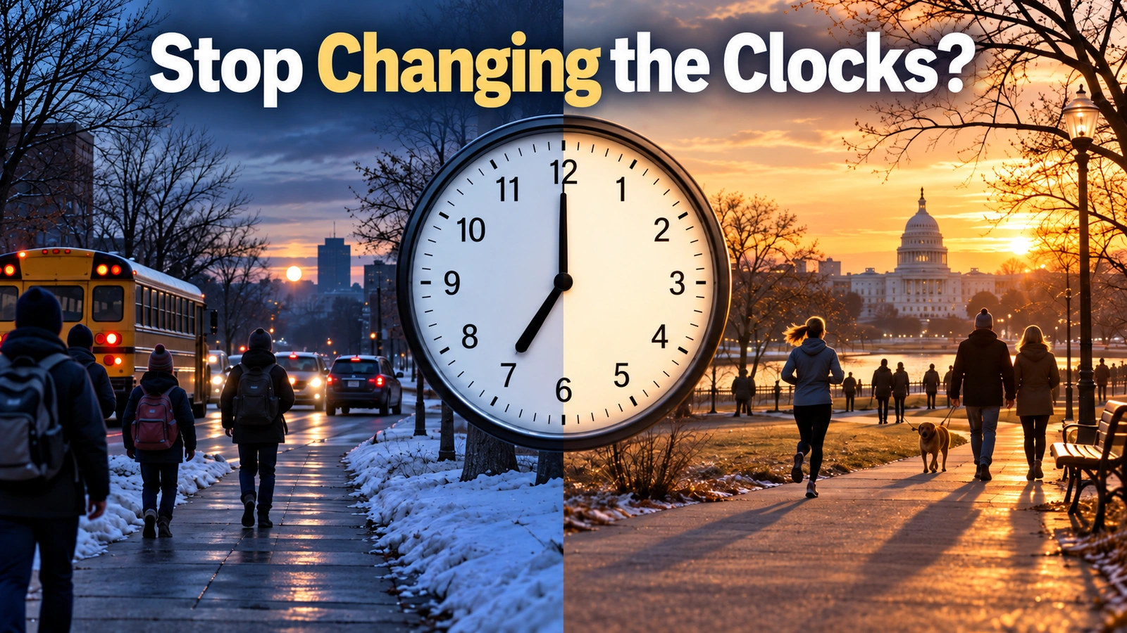 Editorial illustration showing a clock between a dark winter morning and a bright winter evening