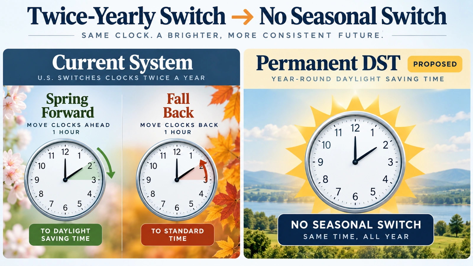 Before-and-after diagram comparing the current seasonal clock system with permanent daylight saving time