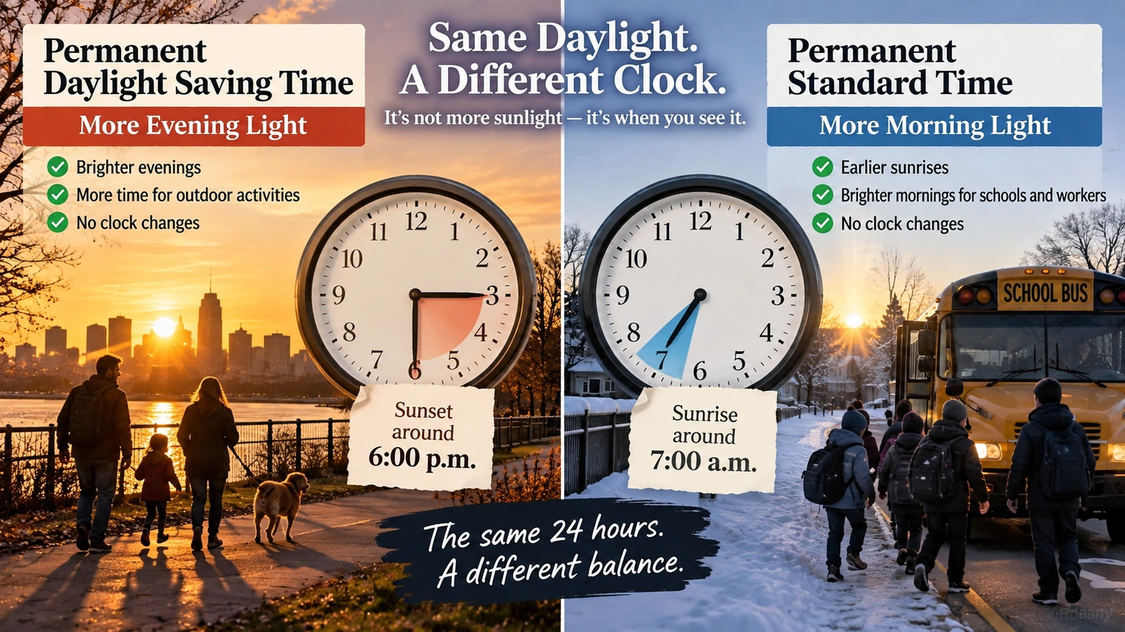 Comparison graphic showing permanent daylight saving time and permanent standard time