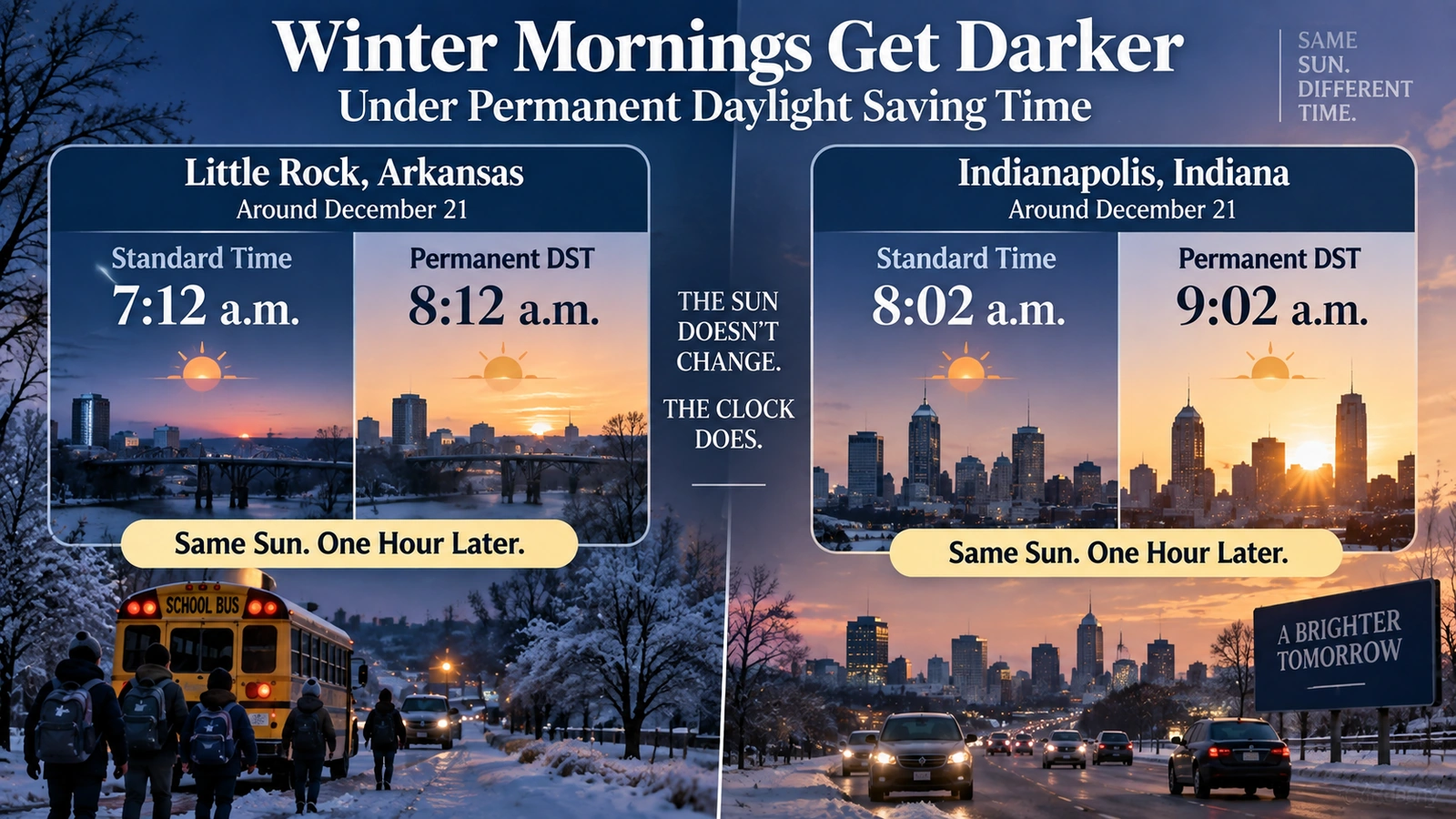 Winter sunrise comparison showing how permanent daylight saving time would shift sunrise later in Little Rock and Indianapolis