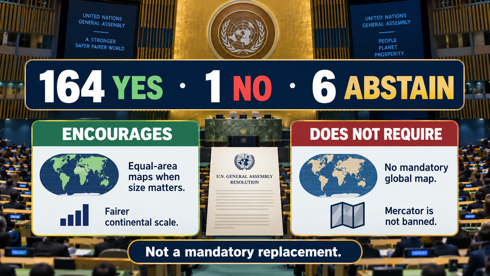 Infographic explaining the 164–1 U.N. vote and what the Equal Earth resolution does and does not require