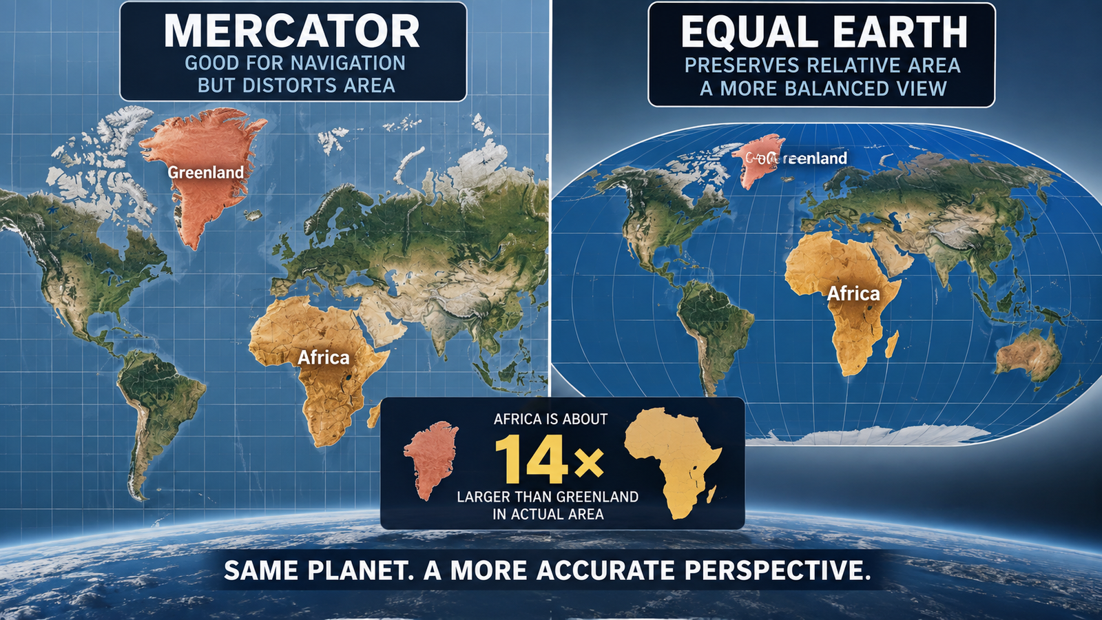 Comparison showing how the Mercator projection enlarges Greenland relative to Africa even though Africa is about 14 times larger