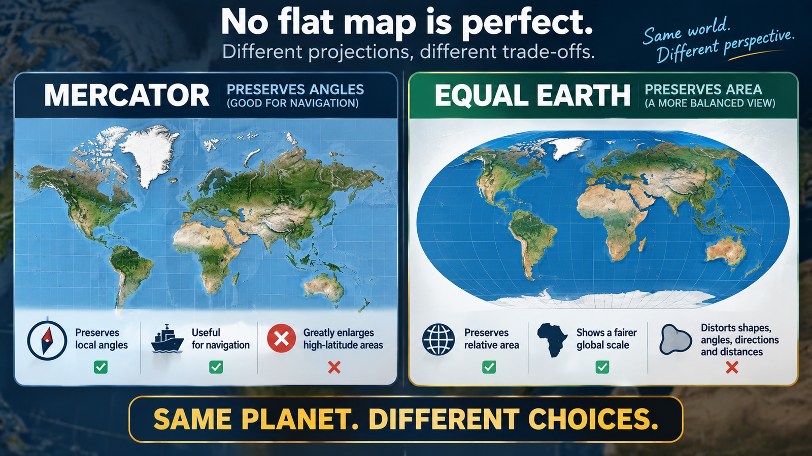 Comparison of what Mercator and Equal Earth preserve and distort on world maps