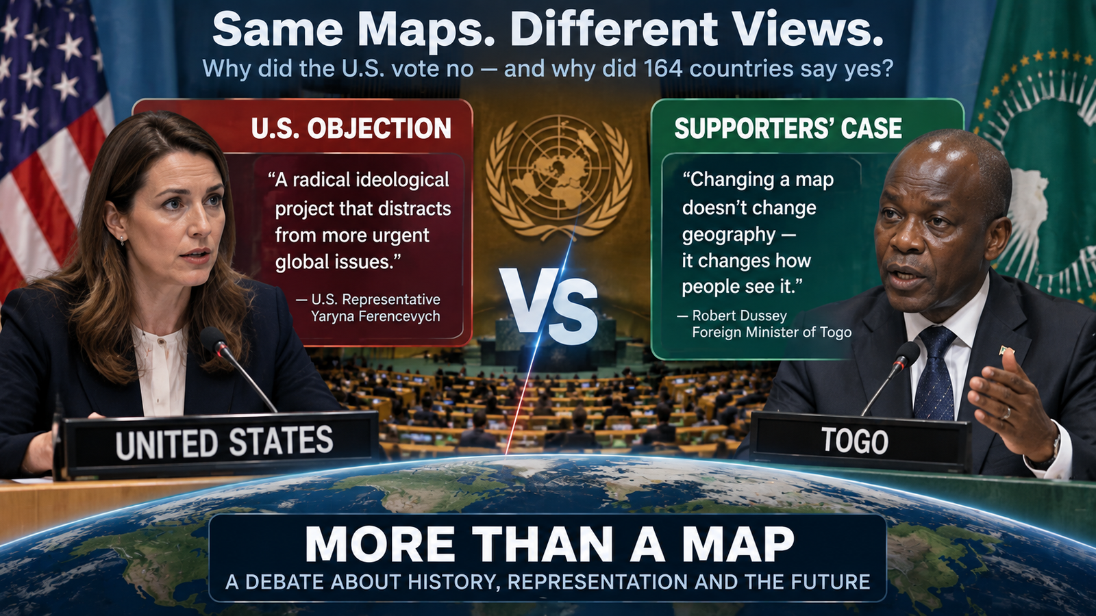 Balanced infographic comparing the United States objection to the Equal Earth resolution with supporters’ arguments