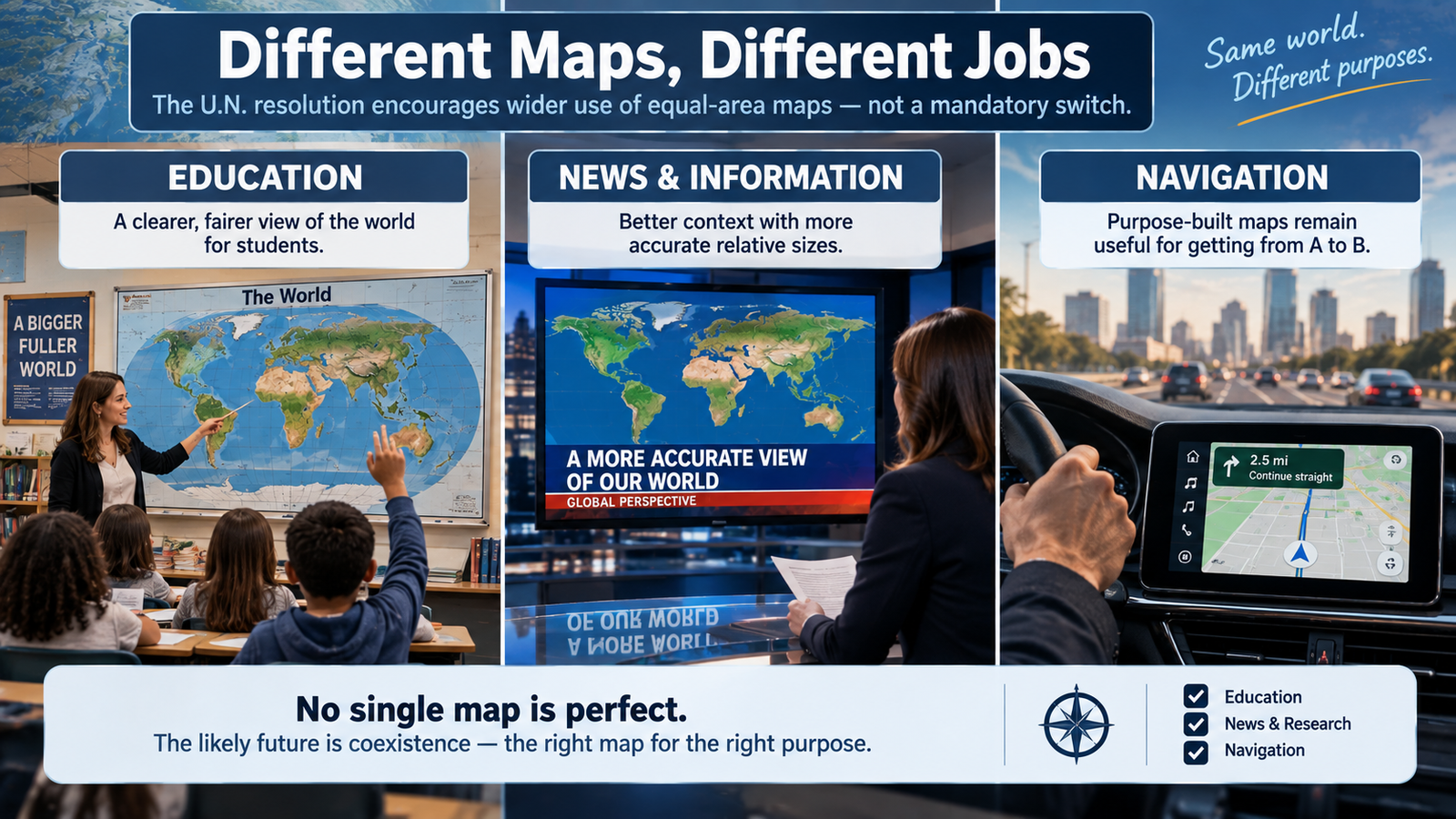 Diagram showing how different map projections can continue to be used for classrooms, thematic maps, and navigation
