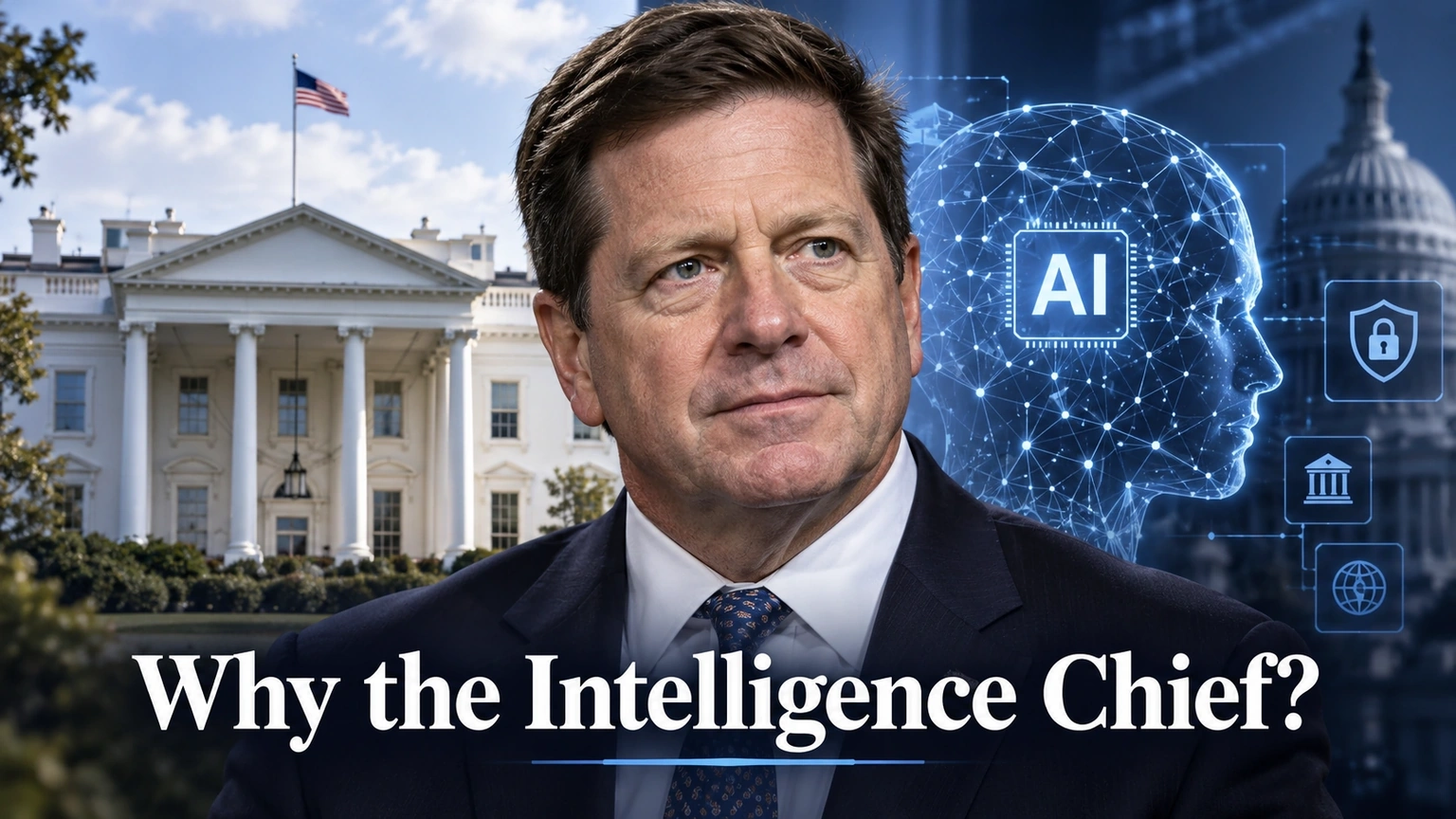 Editorial illustration of Jay Clayton between the White House and an AI network representing the Super Intelligence Force