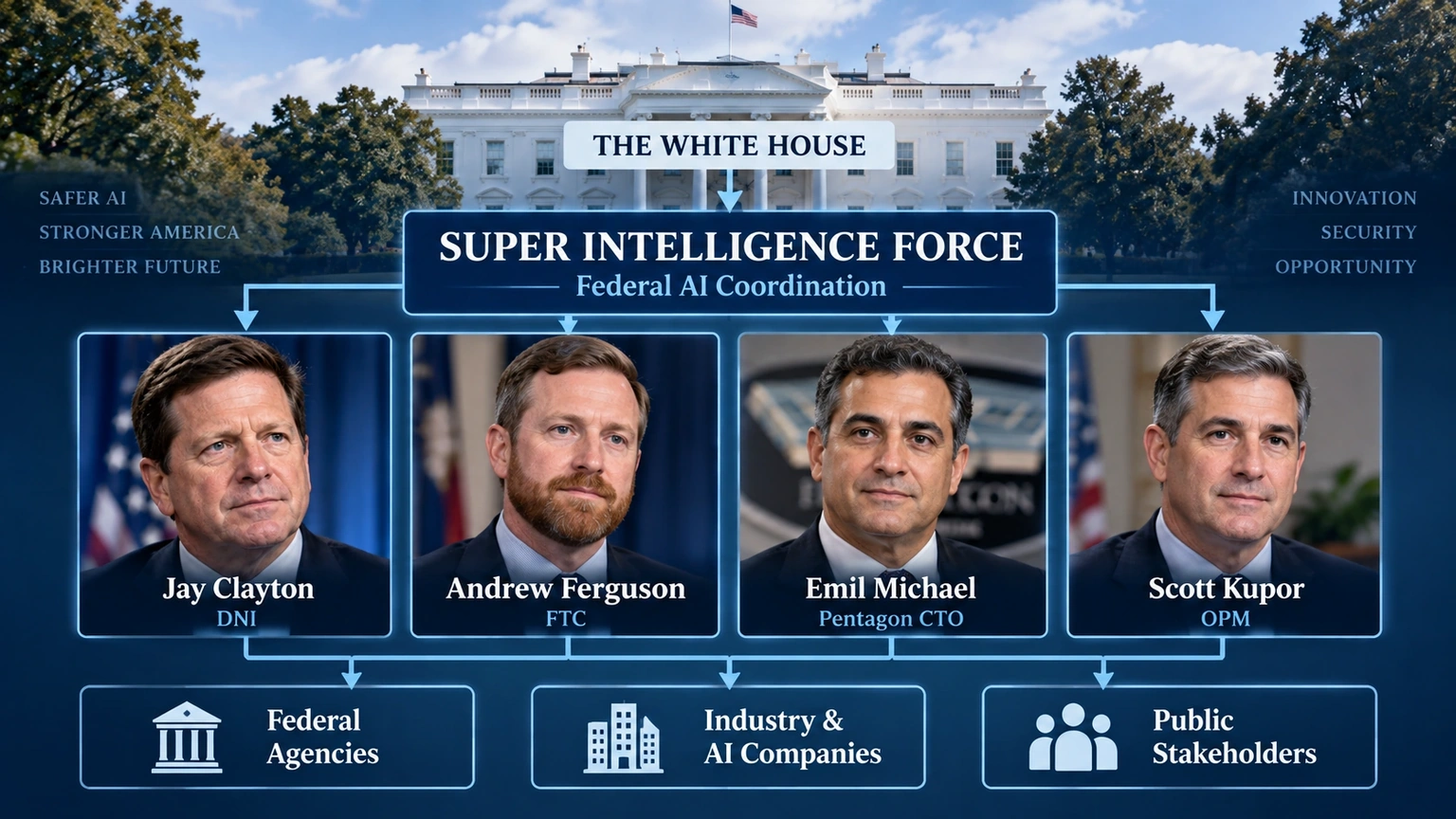 Organizational diagram showing the White House, Super Intelligence Force leaders and the groups they will engage