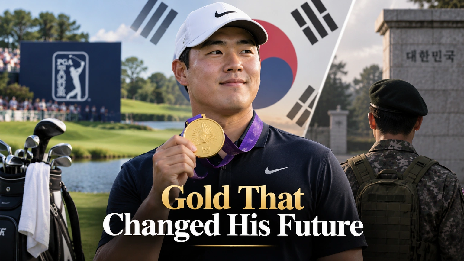 Editorial illustration of Tom Kim holding an Asian Games gold medal beside paths representing the PGA Tour and military service